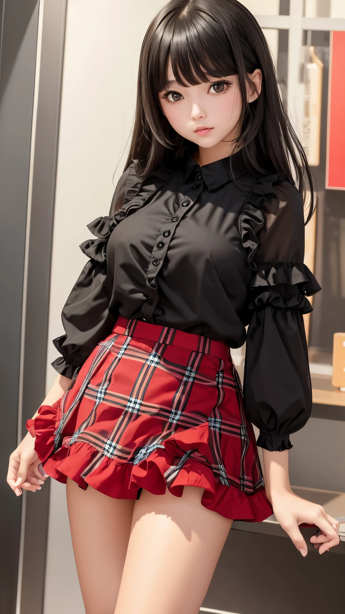 Detailed face、highlight、girl、thigh、breast enhancement、black髪、Heavy bangs、(Ruffled shirt、)(Checked mini skirt、red、black、)