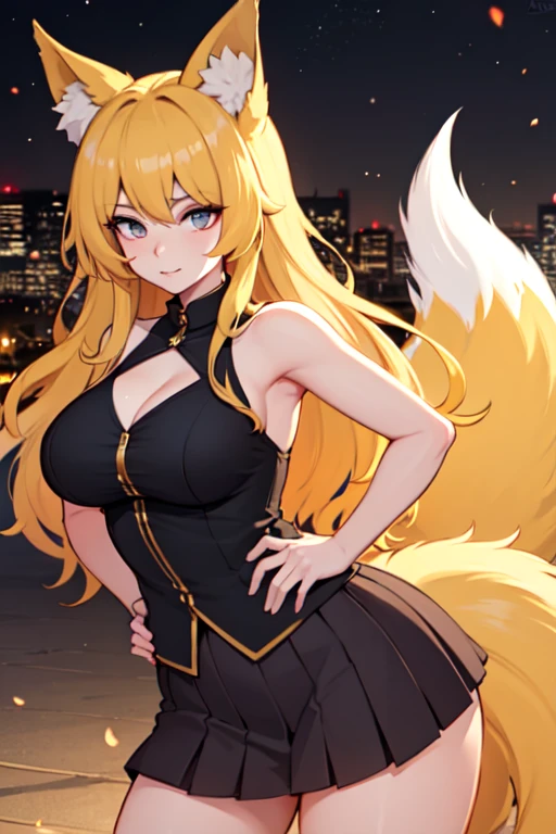 best quality, masterpiece, high resolution, CG, 1 Girl, Animal ears, Tail, Fox ears, Solitary, fox Tail, Large Breasts, High Leg Raise, Blonde hair, multiple Tails, large breasts, Heart, Long hair, Hands on Hips, cleveage, black High Leg Raise, Looking at the audience, Bare shoulders, Facial Tagging, skirt,, nail, underwear, Alternative clothing, Fox Girl, light, frank, photo, high resolution, 4K, 8k, Bokeh, Upper Body