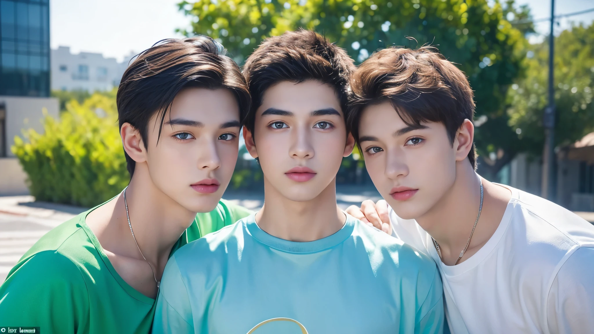 (masterpiece:1.2, highest quality), (Beautiful eyes and a beautiful face:1.3), ( Beautiful and vivid background: 1.2), Bright and contrasting colors, Highly detailed CGI, Very detailed, (((“Create an image of three attractive teenage boy with the appearance))), What catches your eye?. this&#39;thick, Soft hair falls on the forehead, Gives a stylish and casual look. Both boy have adorable blue eyes............, It looks like the sea, Full of mystery and sensuality. boy&#39;Their faces are adorned with heartfelt smiles, Express your kindness and cheerfulness. They can wear fashionable clothes, Highlight your style and personality. Create the perfect look, It will grab attention and leave a lasting impression." ((All naked、Muscular、Abdominal muscles、thick胸当て、Muscularの脚)), (((3 handsome boy are ejaculating、Painful face、Displeased、Abdominal musclesにが飛び散る)))