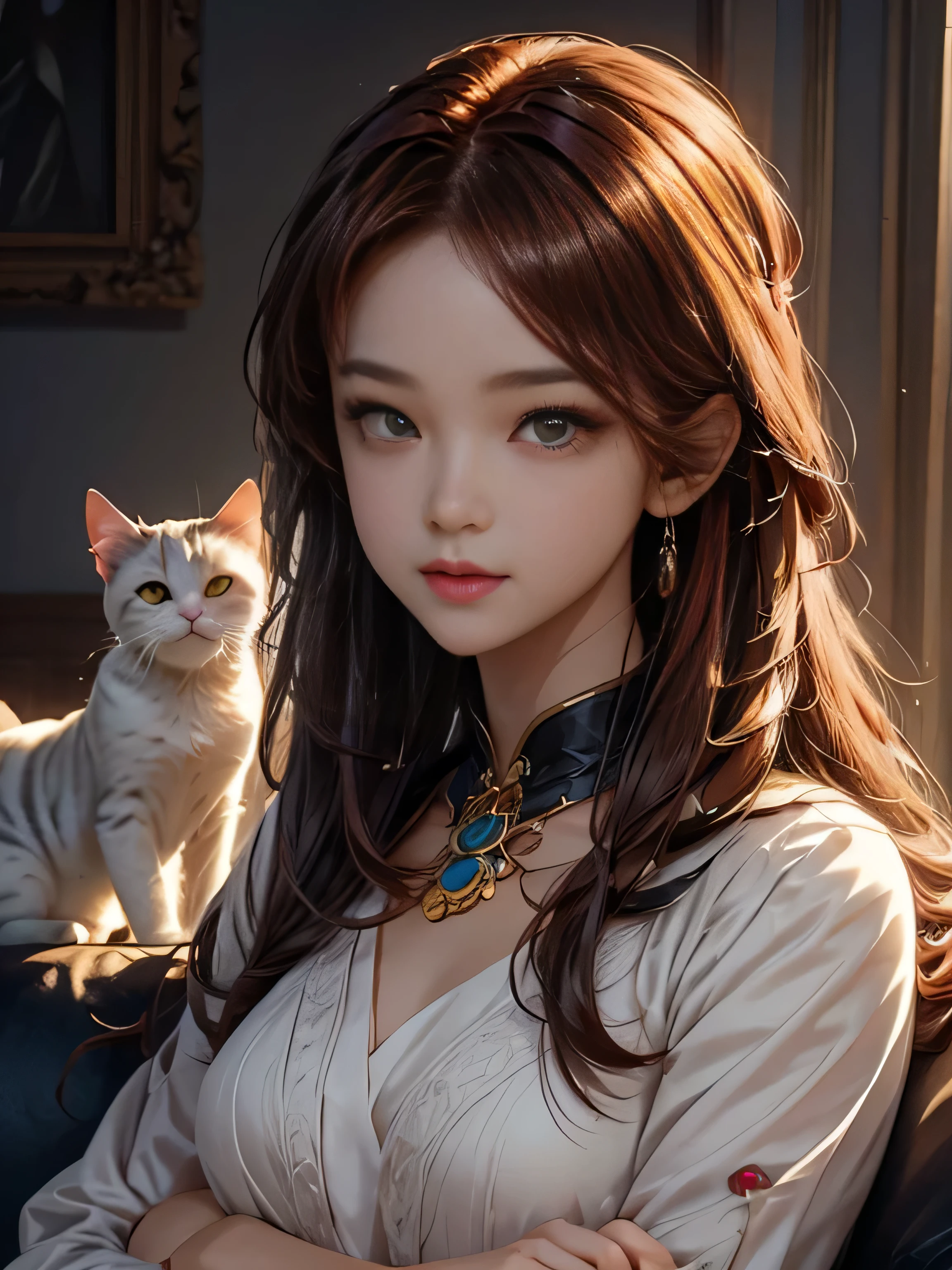 (Best Quality, 8K, Masterpiece, HDR, Soft Lighting, Picture Perfect, Realistic, Vivid) anime - style woman with red hair and cat sitting on a couch, attractive cat girl, white cat girl, ruan jia and artgerm, style artgerm, artgerm and ruan jia, beautiful young catgirl, ig model | artgerm, white ( cat ) girl, trending on cgstation, very beautiful cute catgirl, catgirl, Perfect female body, Eyes looking at camera (with long red hair, long bangs, Forehead, smile, seductive, anime character portrait inspired) color difference, depth of field, dramatic shadow, ray tracing, best quality, highly detailed CG, 8K wallpaper, female model, [Carefully rendered hair [Read more about beautiful and shiny hair]] ,(Perfect hand detail [ Beautiful fingers without breakage [Beautiful nails]],(Perfect anatomy (Perfect proportions)) [[Resembles the whole body]],[Perfect color coordination (Accurate imitation of the interaction of light and material)], [Fine art, conveying the meaning of the story]