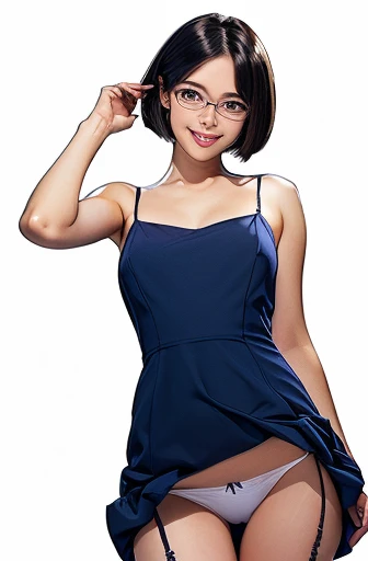 (masterpiece), (8k, best quality, high resolution), (ultra-detailed, realistic), (anatomically correct),
((from head to thighs)), (Standing), (No background),
(1woman), (looking at viewer), (pull the dress up to the navel), ((To show the navel)),
(A Japanese woman, 30 years old and 155cm tall),
(black hair), (straight hair), (short hair style), ((bob cut)), (hair behind ears),
(wear glasses), ((black cell frame glasses)),
((Wear a navy blue spaghetti strap dress)), ((Mini length dress with a simple design and minimal decoration)),
(wear panties), ((white panties)),
(Create a detailed image of the eye),
(Her impression is pure, clean and kind.),
((A captivating smile, just showing a few teeth.)),
