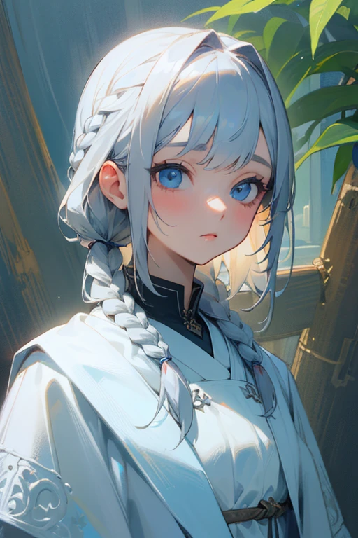 (highest quality, Masterpiece).Gray Hair, Blue Eyes,White clothes, look up, Upper Body,hair,Fair skin,Side braid、Beauty、woman、