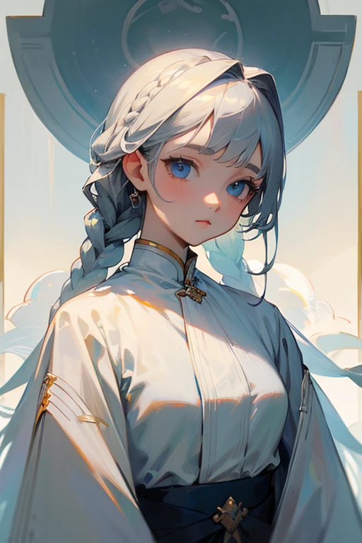 (highest quality, Masterpiece).Gray Hair, Blue Eyes,White clothes, look up, Upper Body,hair,Fair skin,Side braid、Beauty、woman、