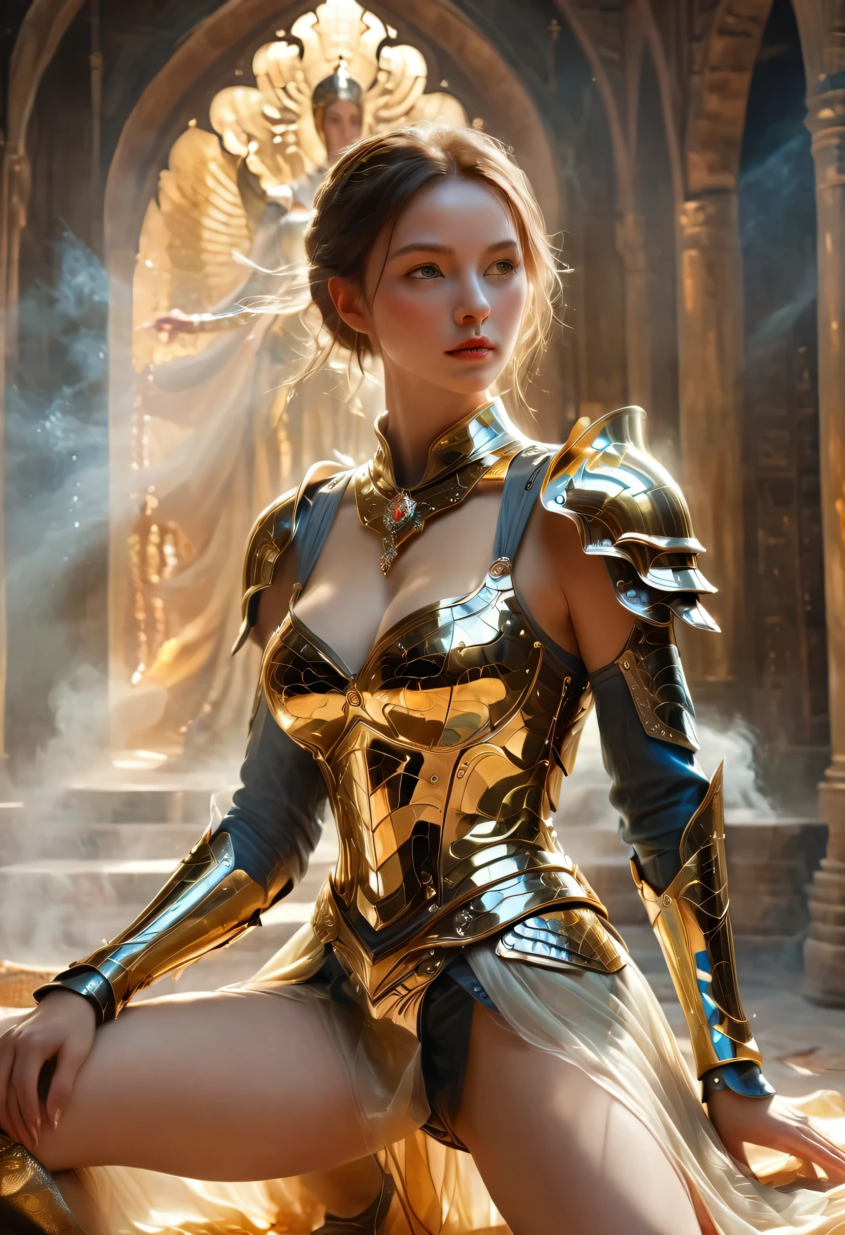 The painting shows a woman wearing armor and holding a sword, golden armor, beautiful female knight, light gold, golden obsidian armor, golden goddess Athena, smooth golden armor, (knee shot: 1.5), sexy, blue Eyes, oversized breasts, pointed big breasts, gorgeous jewelry, slightly parted lips, keep lips elegant and charming, (blush), contempt, calm and handsome, oc rendering reflective texture, sexy style, medieval castle background, slim, waistline Very small, (erect nipples seen groovedresasterpiece, best quality, high resolution, 8k, original photos, real pictures, digital photography, (ultra high definition, anatomically correct, textured skin, accurate, award winning honor)