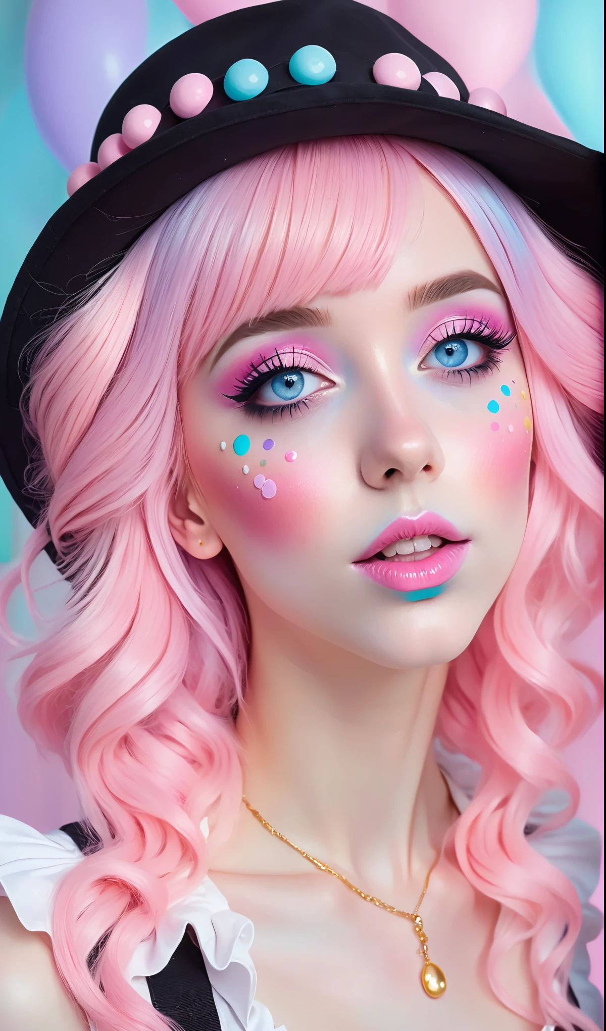 Arafed woman with pink hair and blue eyes wearing a hat, Pastell Make-up, Anime-Stimmung, y 2 k sweet core clown core, belle delphine, Anime inspiriert, Kawaii realistic portrait, Zuckerwatte, Rosa und Blau colour, Rosa und Blau, sweet core clown core, Pastel Gothic aesthetics, elfenbein, Decora inspiriert, bunte Pastell, Rosa Gesicht