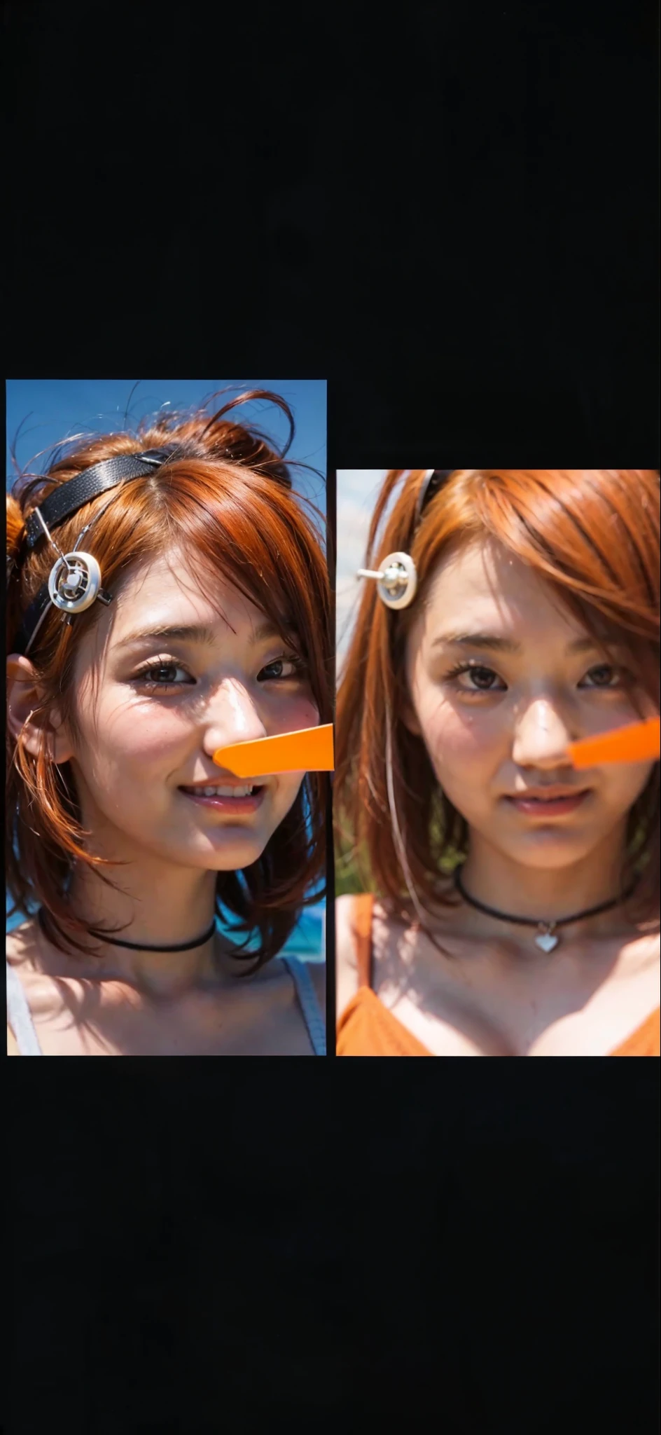The centerpiece of the image is Misty from Pokémon, standing outdoors with a confident smile. She has orange hair styled in a side ponytail, and is wearing denim shorts with suspenders over a ((black crop top)) that shows off her midriff and navel. Her short hair frames her face, while her cowboy shot posture exudes confidence and strength. ((orange-colored hair)), (collar bones), (breast gap)