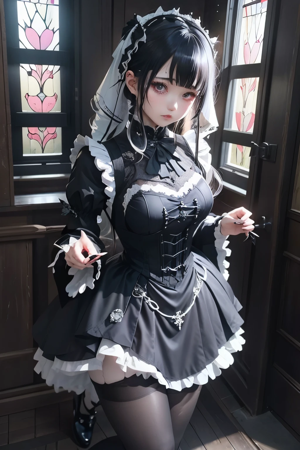 ハードDark Gothicメイク、Deep Night Sky、Horror、Black dark eyeshadow、cry、sad、Good skin radiance、Dark Gothicメイク、Dark smile、palace、The beauty of fragrance、24-years-old、Expressions of intense sexual pleasure、Embarrassed look、Dark Gothic、Obscene language、highest quality、Expression of sexual pleasure amid suffering、Drunk face、紫のMaid clothes、Mysterious、Noble、The face of someone who is holding in the toilet、sexy、Loving smile、Twin tail hair、Right blue eye, Left eye is red、Super seductive pose、Platform Heel Shoes、Heavy makeup、Gothic ta Clothing、A little slimmer、Silver Hair、Long Hair Straight Hair、Cute Gothic Loliress、Beautiful Face、elegant features、Fascinating face、Stained glassが背景、Chest glistening with sweat、The room is dark、goth long dress、Bell Sleeves、Wizard Sleeve、Decadent look、Sexually excited expression、Glossy thighs wet with water、Thighs that are wet and shiny with oil、Background of a room full of roses、sad表情、Rose Maiden、The embroidery is pink、The dress has pink embroidery、Thigh-high socks、Knee-high socks、Gentle expression、Dark black eyeshadow、despicable act、Stained glassと薔薇背景、thighs are a little thin、Female Duo、Female couple、dark church background、Stained glass、Black metal world、Dark Castle、Dark Room、Slender body、upright、walk、Are standing、gothic long dresaid clothes、Victorian dresses、Her thighs glisten with sweat、My body is wet and shiny、Lots of glitter on the thighs、sweating、My thighs are sticky from sweating、Sweat glistens on the thighs, The whole body is sweaty and shiny、Quite sweaty、My thighs are sweaty、My thighs are so wet、My thighs are shining with sweat、A lot of sweat glistens all over the body、The thighs are the best、Thighs are glamorous、