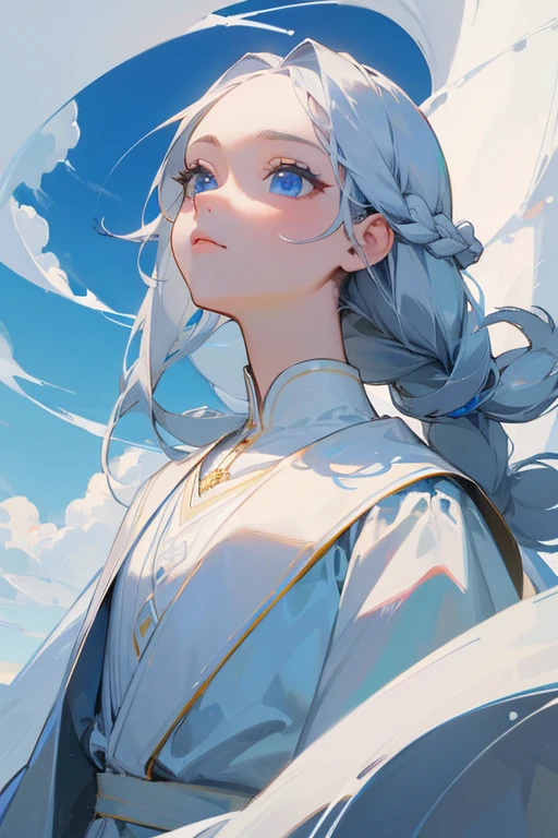 (highest quality, Masterpiece).Gray Hair, Blue Eyes,White clothes,Looking up at the sky, Upper Body,hair,Fair skin,Side braid、Beauty、woman、