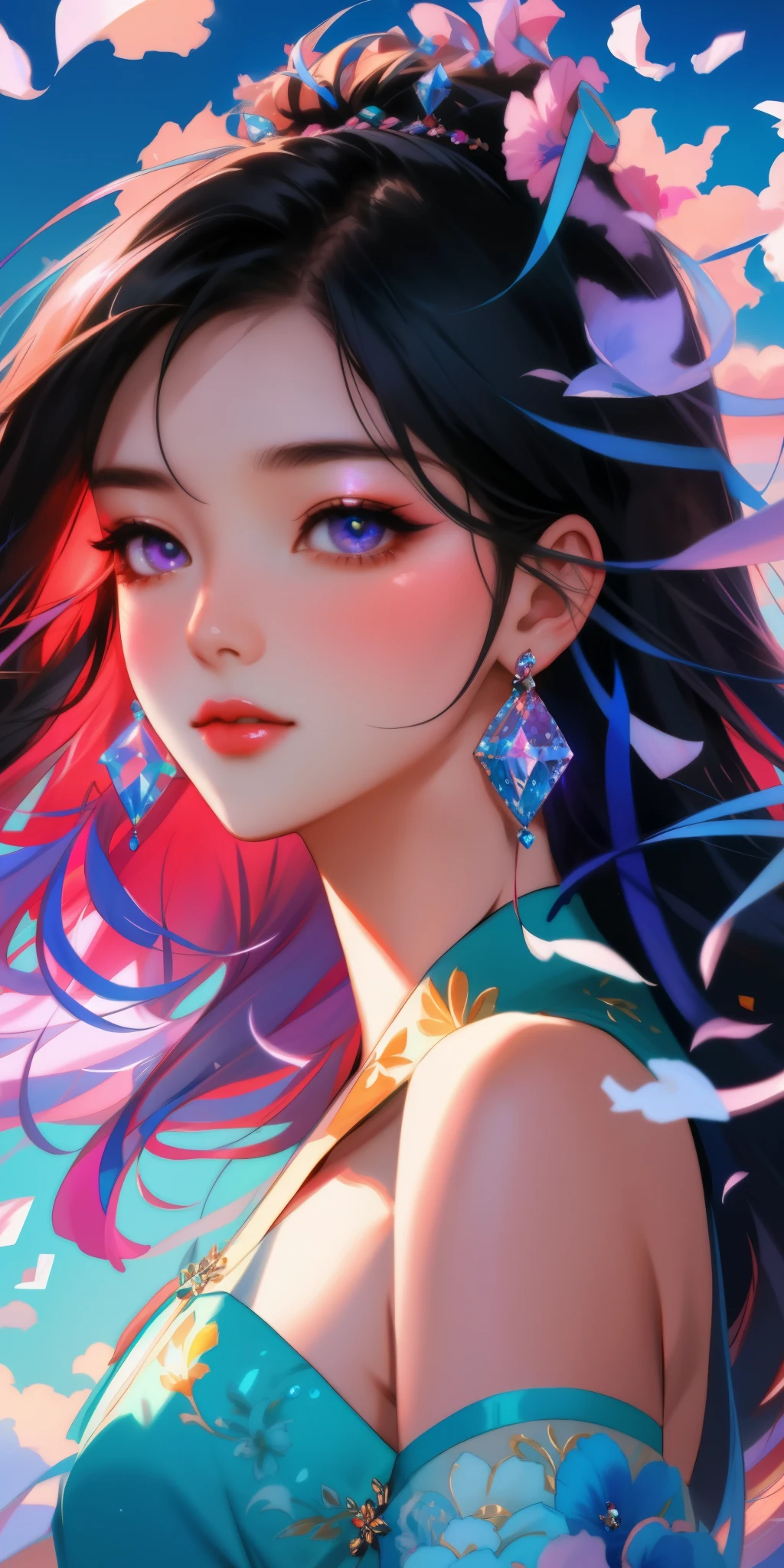 Asian woman, close-up face, beautiful dress, bare shoulders, soaring female figure made of ribbons, smoke, in the sky, colorful and bright, mystical colors, modern impressionism, portraiture by Yanjun Cheng, iridescent painting, 3/4 perspective view, cute face, low angle, wide swirling composition, big beautiful crystal eyes, big iris, UHD, HDR, 8K, (Masterpiece: 1. 5), (the most beautiful portrait in the world: 1,5)