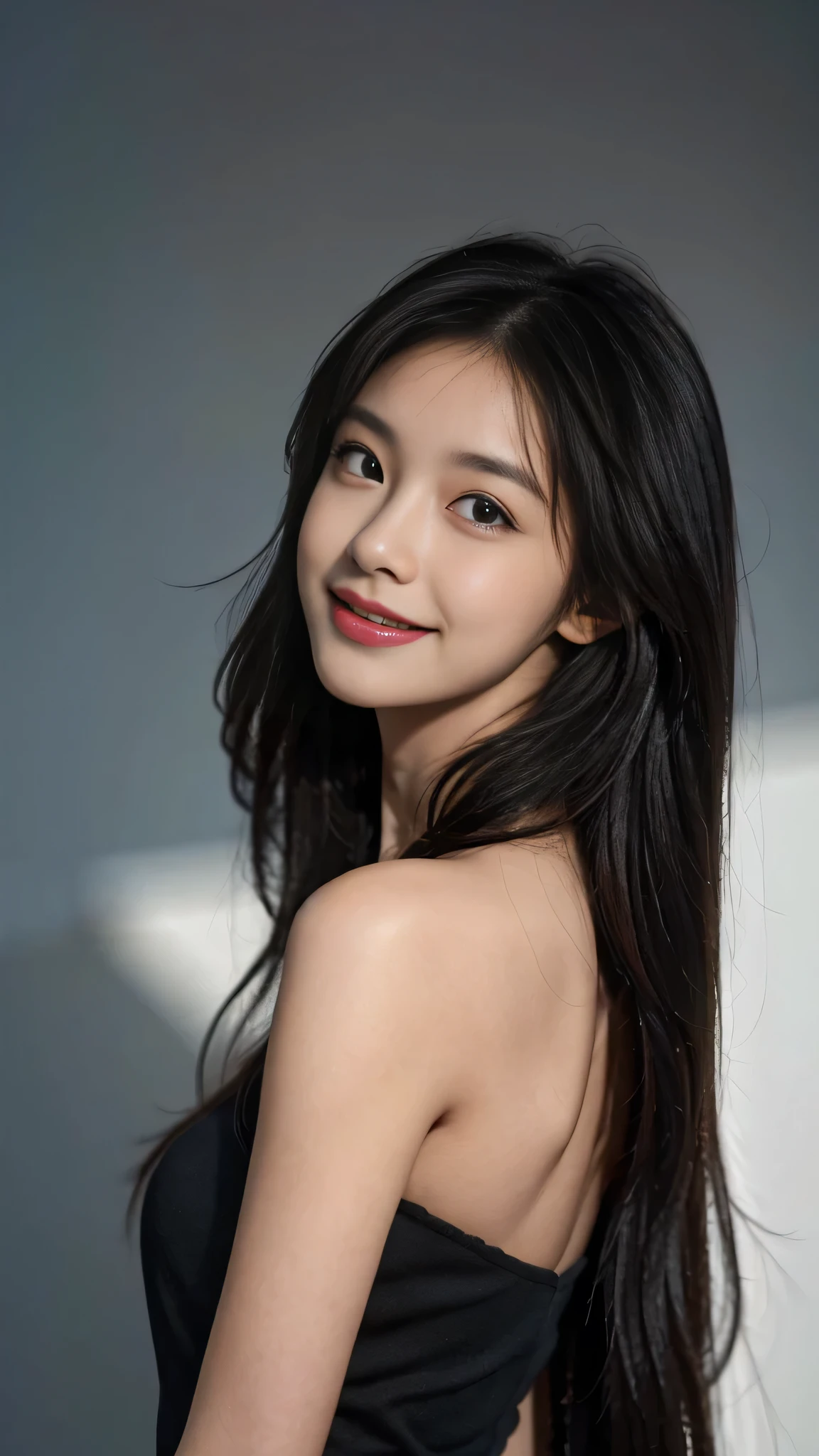 A perfect young female, Chinese，High picture quality，Black hair，Long hair flowing over the shoulders，Blured background, Real Human，CG rendering，16k，depth of field, movie light, Ray tracing, smiles, Close-up shot