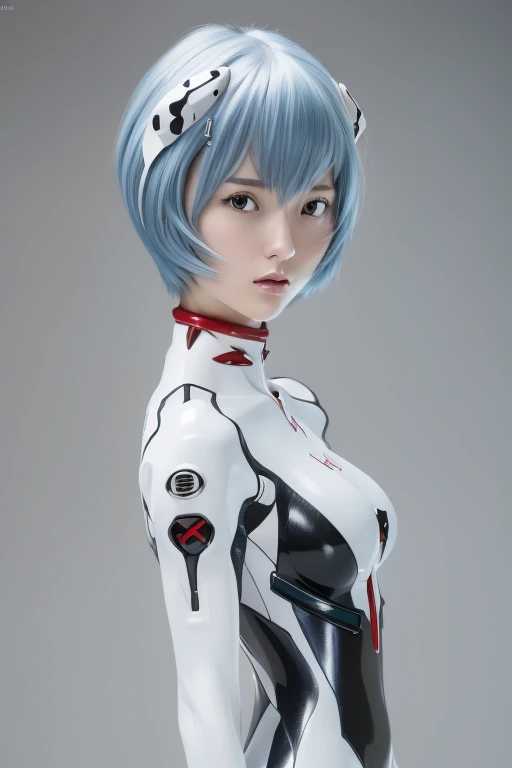 ( (8k:1.27), highest quality, masterpiece, Ultra-high resolution:1.2) Japanese women photos (beautiful:1.2), realistic, Realistic portrait, Upper body photo, One Woman, Looking right to the side, 
Live-action Evangelion, Rei Ayanami, Rei Ayanami, 
Real skin, Accurate anatomical structure, short hair, Blue Hair, Red eyes, Red Eyes, Shoulder width is normal, Sloping shoulders, There&#39;s a 00 written on his chest., small breast, 
Evangelion headset, Plug Suit, シンプルなデザインのPlug Suit, Tight fitting bodysuit,