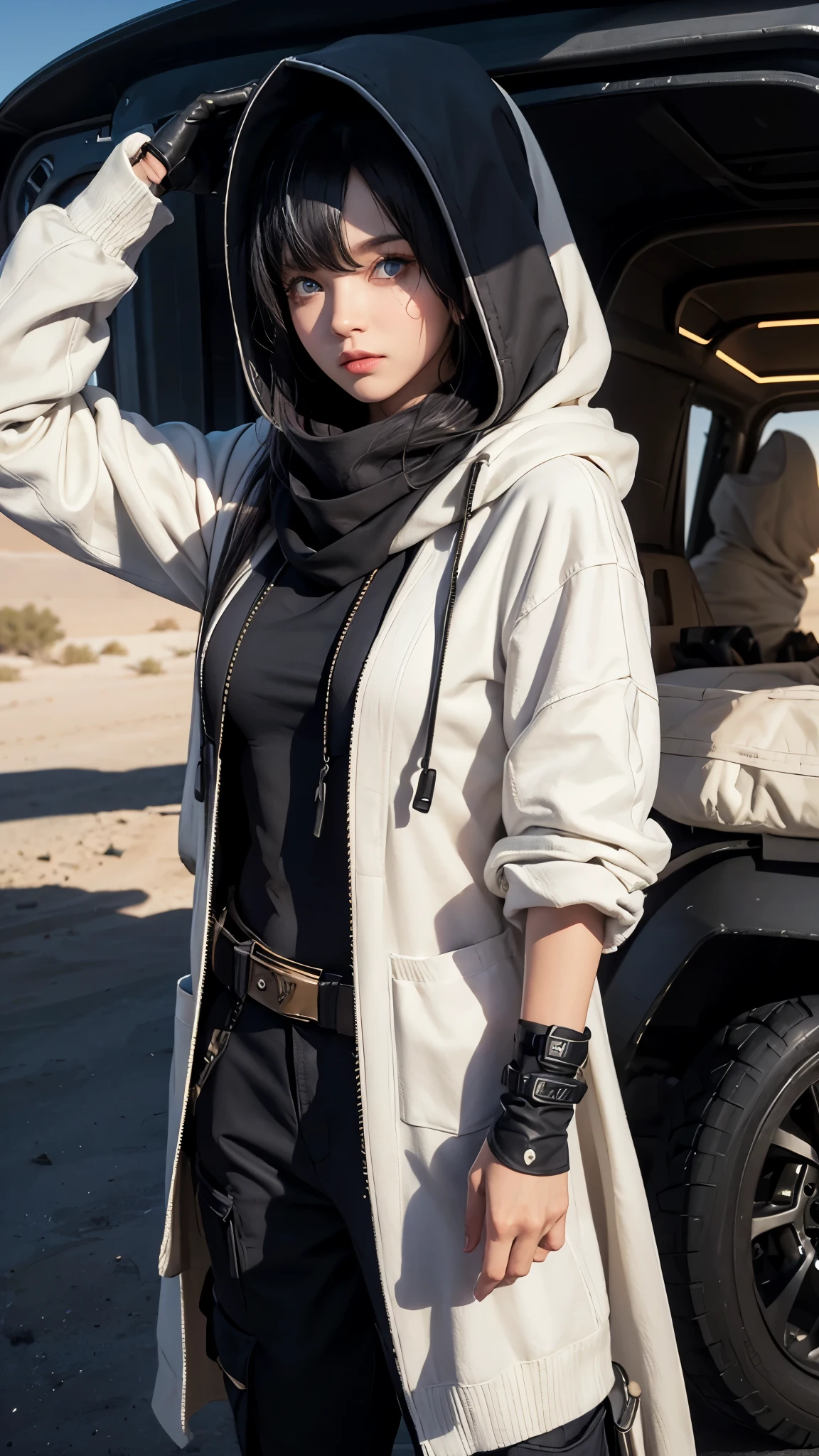 1 female, full body, desert, white scarf, cardigan, cargo pants, black hood, blue eyes, black hairs, futuristic, desert nomad, ((cloak, extremely detailed eyes)), gloves