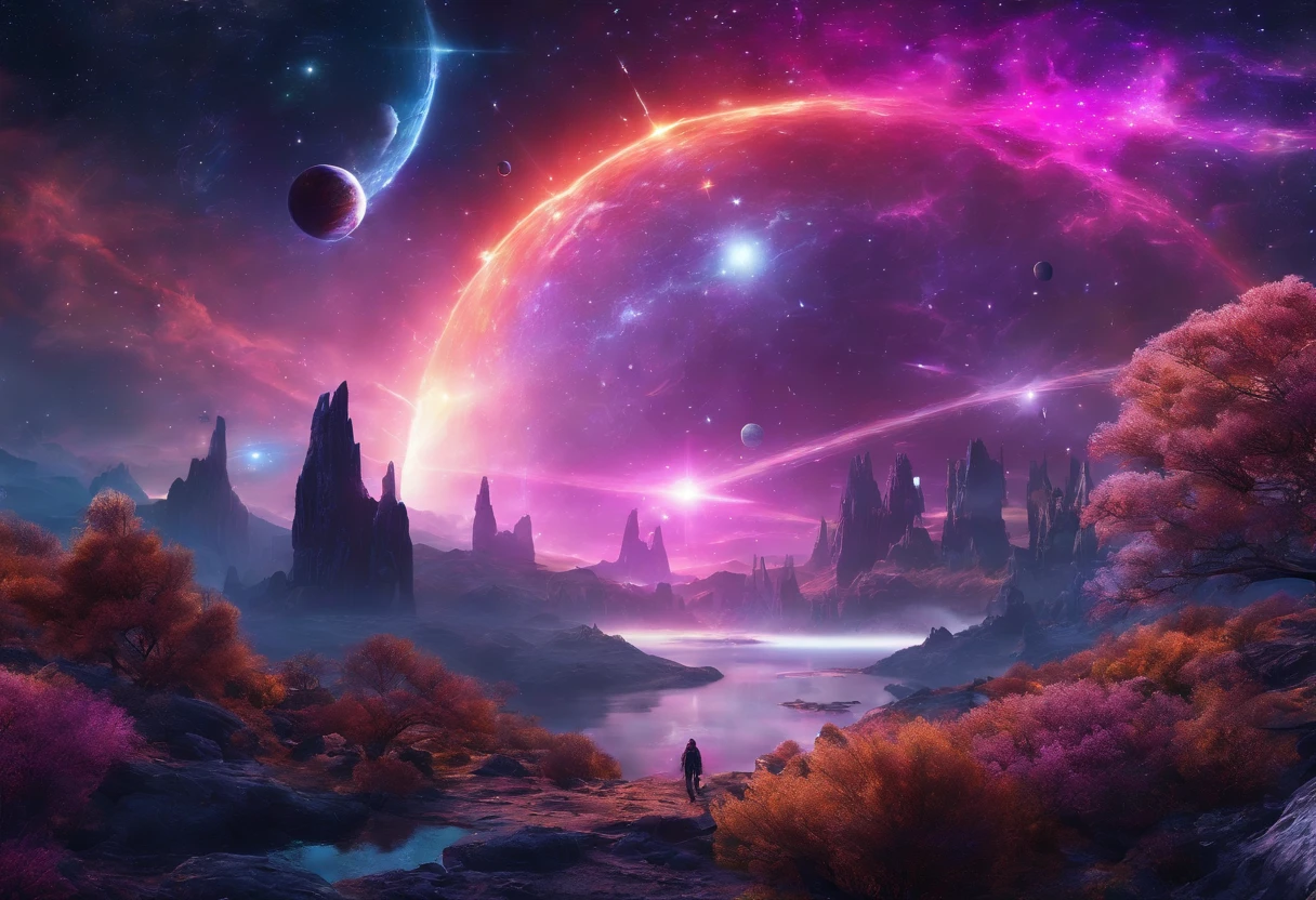 (best quality,4k,8k,highres,masterpiece:1.2),ultra-detailed,(realistic,photorealistic,photo-realistic:1.37),fantastic landscape on an alien planet,colorful rainbow and ringed planets in the sky,otherworldly scenery,planet filled with vibrant colors,fantasy world,extraterrestrial environment,mesmerizing celestial view,intricate details,stunning visual effects,stellar atmosphere,enchanting atmosphere,awe-inspiring cosmic scene,unreal terrain,scientifically accurate depiction,amazingly realistic artwork,dream-like setting,surreal cosmic landscape,constellation-filled sky,detailed portrayal of distant planets,majestic celestial bodies,intergalactic travel,unconventional planetary formation,breathtaking interstellar vista,vivid and lifelike colors,immersive otherworldly experience,ethereal atmosphere,exquisite balance of light and shadow,alien vegetation thriving,stunning planetary formations,fantasy world come to life