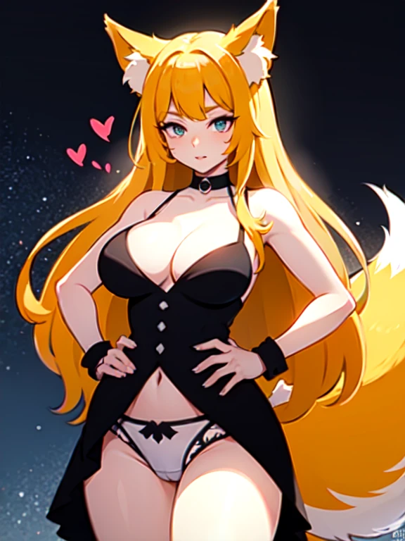 best quality, masterpiece, high resolution, CG, 1 Girl, Animal ears, Tail, Fox ears, Solitary, fox Tail, Large Breasts, High Leg Raise, Blonde hair, multiple Tails, large breasts, Heart, Long hair, Hands on Hips, cleveage, black High Leg Raise, Looking at the audience, Bare shoulders, Facial Tagging, skirt,, nail, underwear, Alternative clothing, Fox Girl, light, frank, photo, high resolution, 4K, 8k, Bokeh, Upper Body