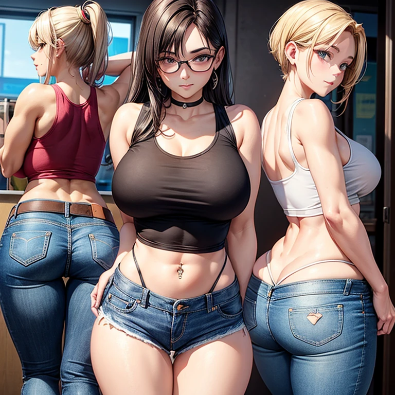 A woman wearing a tank top and saggy jeans eating a taco at a taco shop　Jeans have belts　Belly button piercing　Jeans have a zipper from the crotch to the butt　There are side slits　Big butt　Detail the buttocks