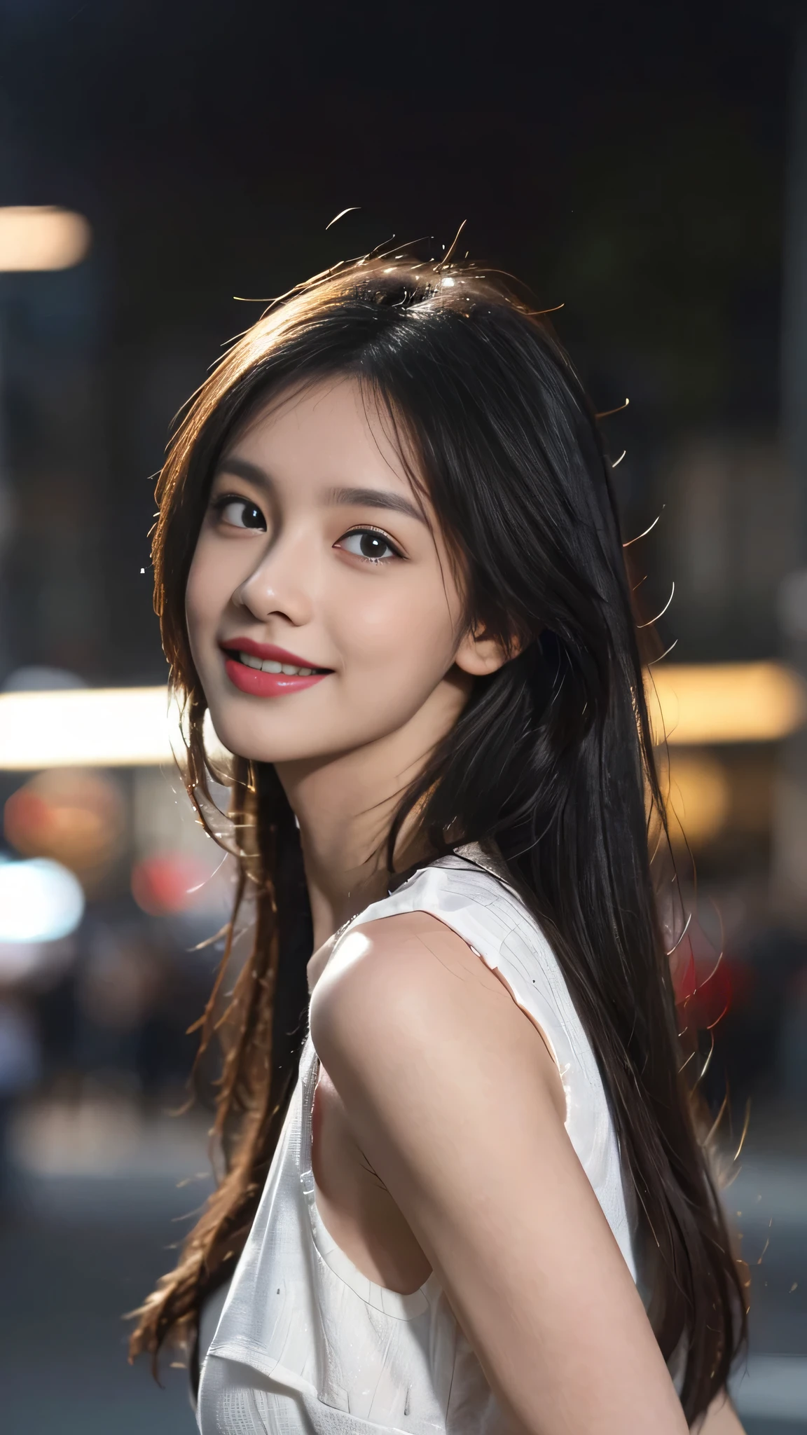 Upscale variant Remove background generated data tips Upgrade 8K, Masterpiece, RAW photo, Best quality, Photorealistic, Extremely detailed CG Unity 8K wallpaper, Depth of field, Cinematic light, Lens flare, Ray tracing, (Extremely beautiful face, Beautiful lips, Beautiful eyes), intricate detail face, ((ultra detailed skin)),(true to life,Photorealistic 1.8),((best qualtiy, 8K, tmasterpiece:1.3)),SLR camera, ((ultra detailed skin)) 1girll, In the dark, deepshadow,(Very slim and slender muscular body), ((view the viewer)), Beautiful smile, (smile:1.2), (Fashion night, (neon lights sign), (The background is blurred out), midnight, (Vacant cities), (No one is in the background),