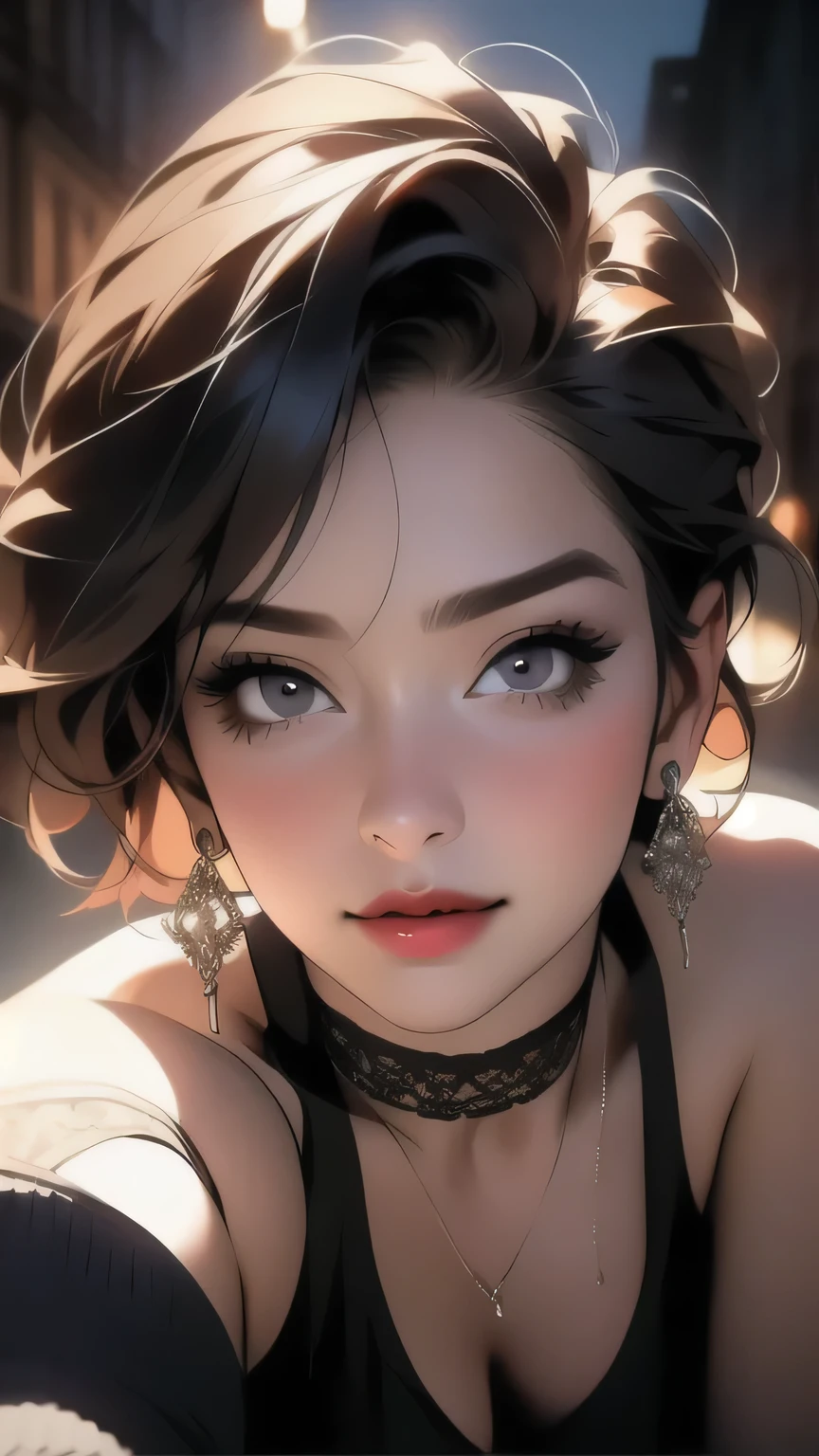 Sexy pose, night, Latina, face, Sweaty, ((masterpiece)), ((highest quality)), ((Intricate details)), (Surreal)), An absurd solution,, Mature Woman, perspective, Very detailed, figure, ((One girl)), (((big)), Perfect hands, Detailed fingers, Beautiful fine details, short hair, Brown eyes, Cleavage, Rainbow Dress, Black Choker, Earrings, stockings, Detailed Background, Perfect Eyes, Viewers from the front, Open legs,