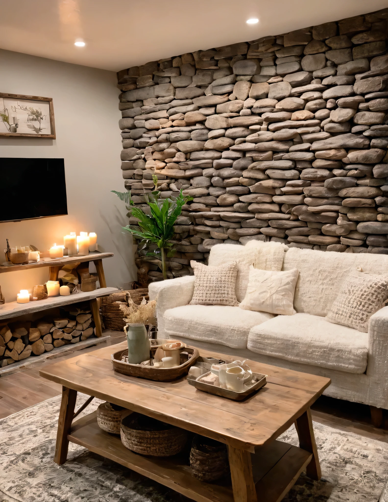 arafed living room with a stone wall and a wooden coffee table, modern rustic, cottagecore!!, cottagecore, cozy place, rustic setting, serene and peaceful style, cozy environment, cozy and calm, cozy living room, cosy vibes, cozy and peaceful atmosphere, living room vibe, cottagecore hippie, cozy setting, cottage decor