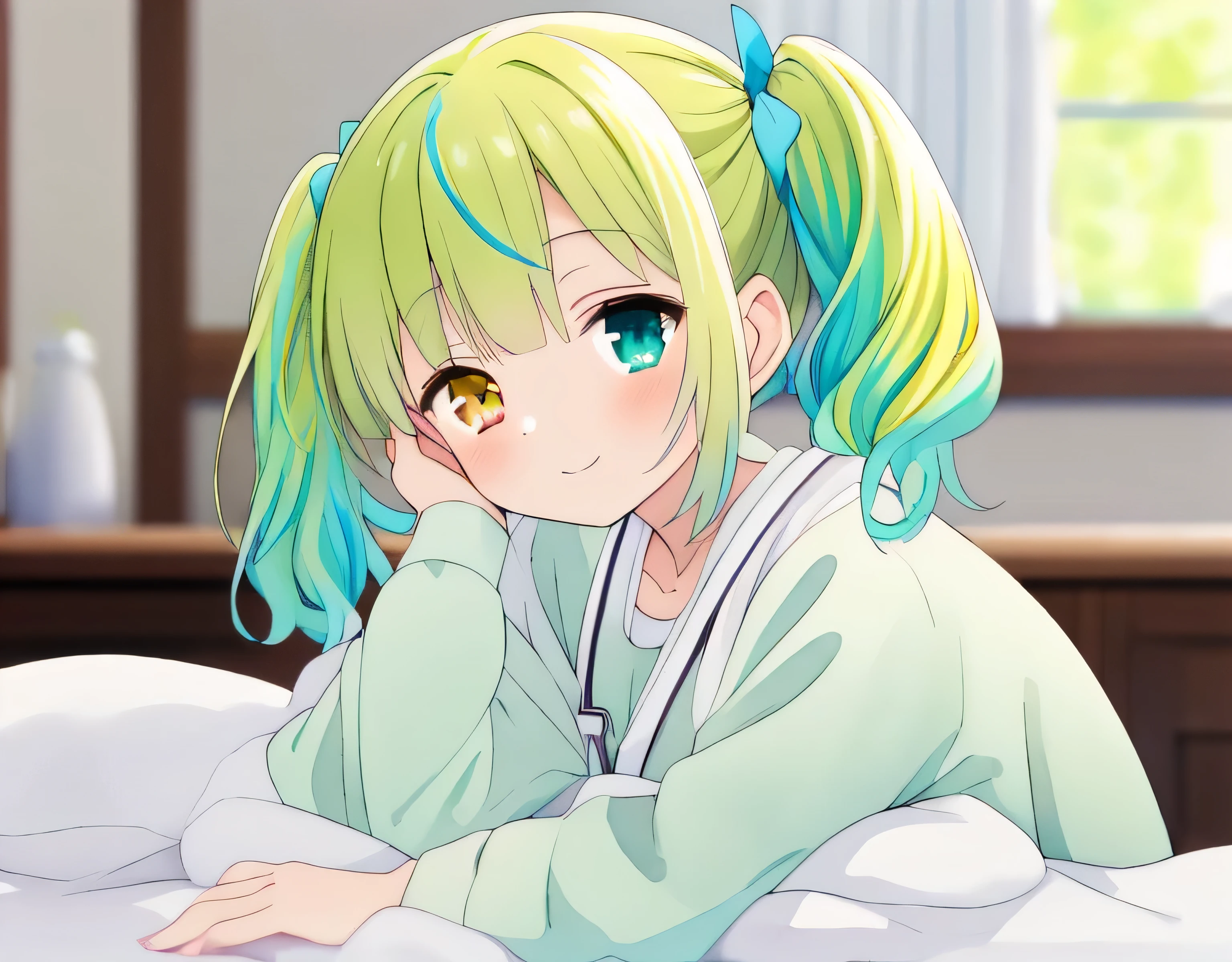 solo,Twin tails,smile,Medium Hair,Overall blurry
,(heterochromia green eye yellow eye),(Watercolor:1.2),Private Room,Dressed like a mess,lie down,Sleepy expression