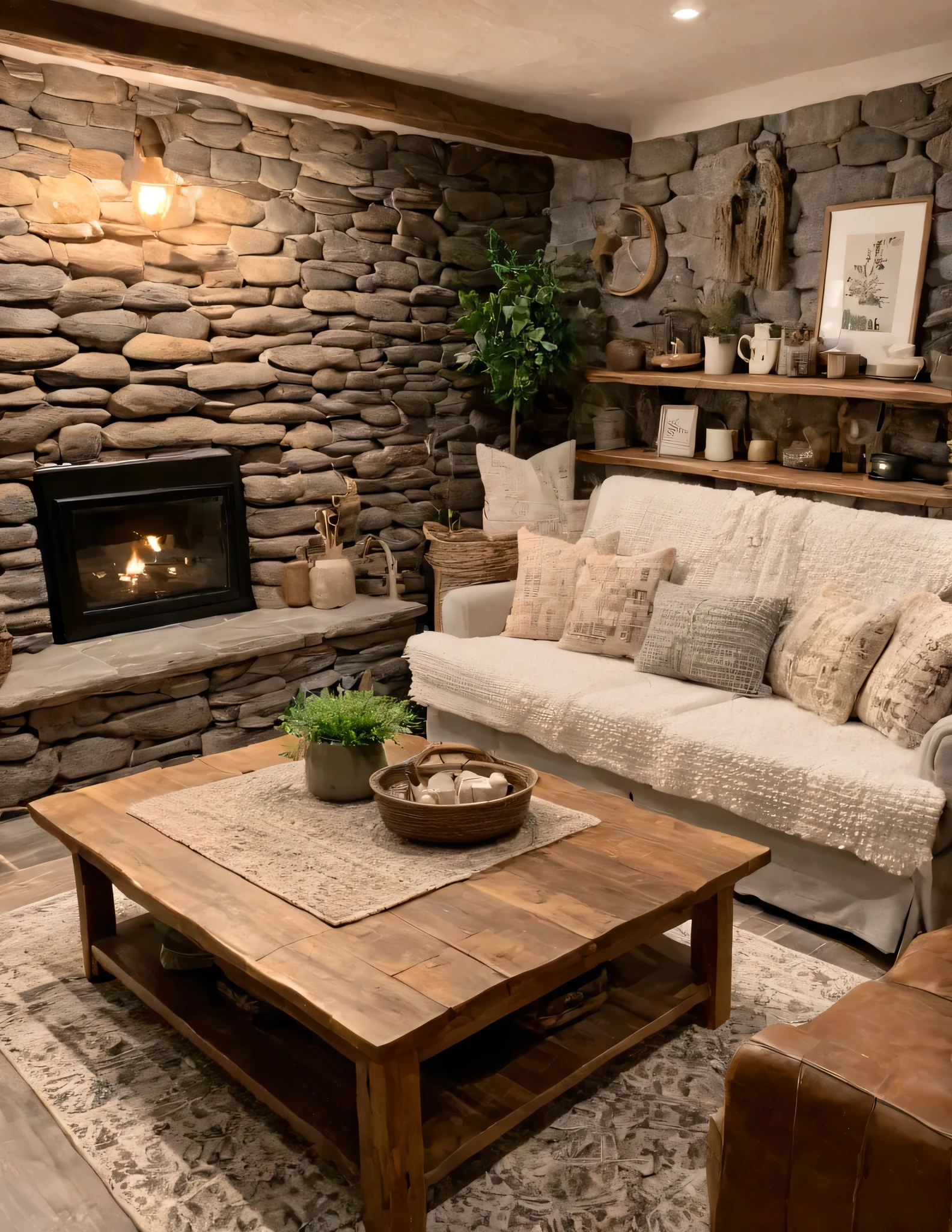 arafed living room with a stone wall and a wooden coffee table, modern rustic, cottagecore!!, cottagecore, cozy place, rustic setting, serene and peaceful style, cozy environment, cozy and calm, cozy living room, cosy vibes, cozy and peaceful atmosphere, living room vibe, cottagecore hippie, cozy setting, cottage decor