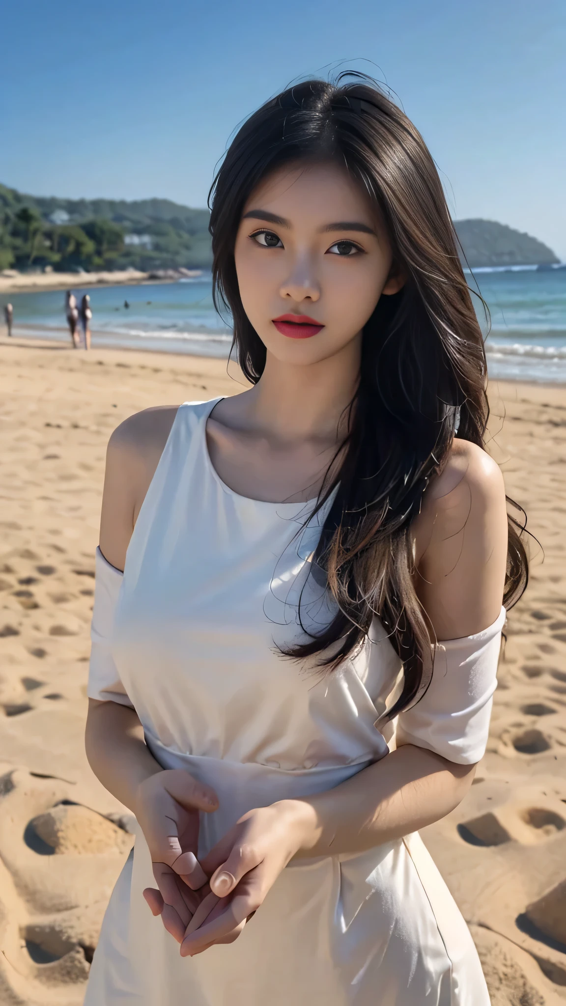 A perfect young female white-collar worker,Chinese,High picture quality,Works of masters,Black hair,Long hair flowing over the shoulders,Beach wave hairstyle,cropped shoulders,clavicle,exquisite face,Hydrated red lips,Real Human,CG rendering,16k,Stand up,Do not show your hands,Close-up shot
