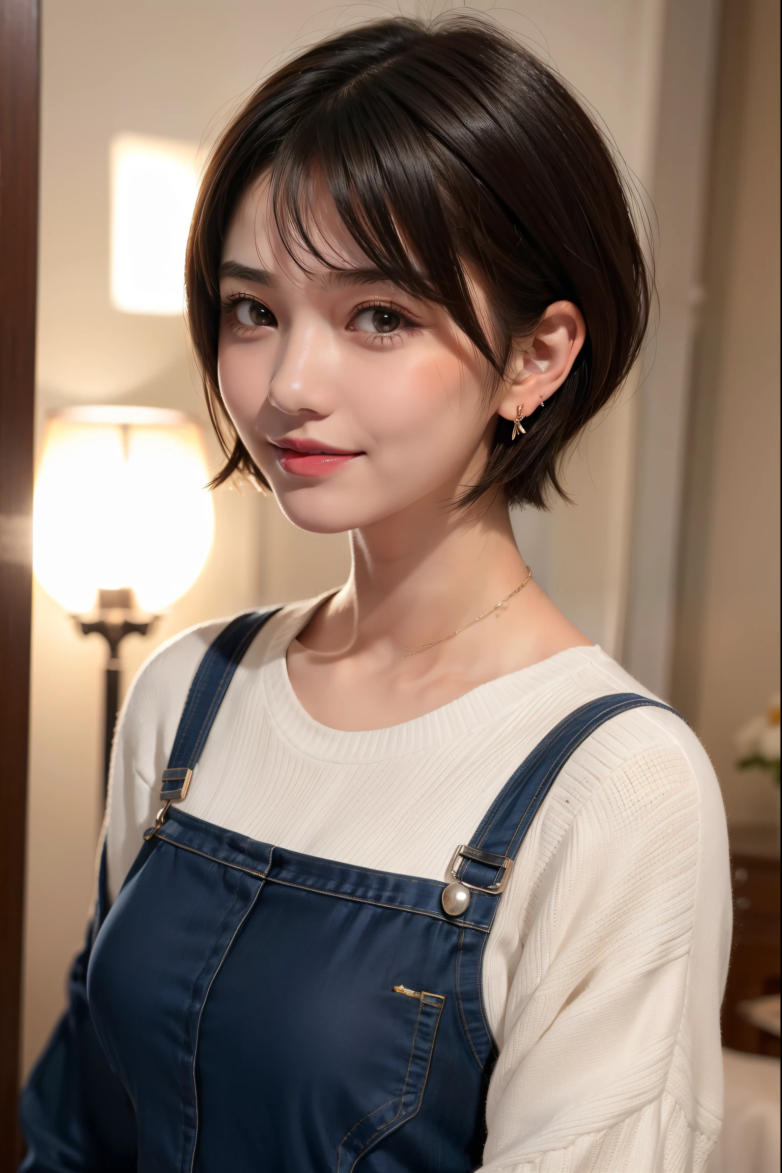 girl,Happy expression, short hair,Earrings,