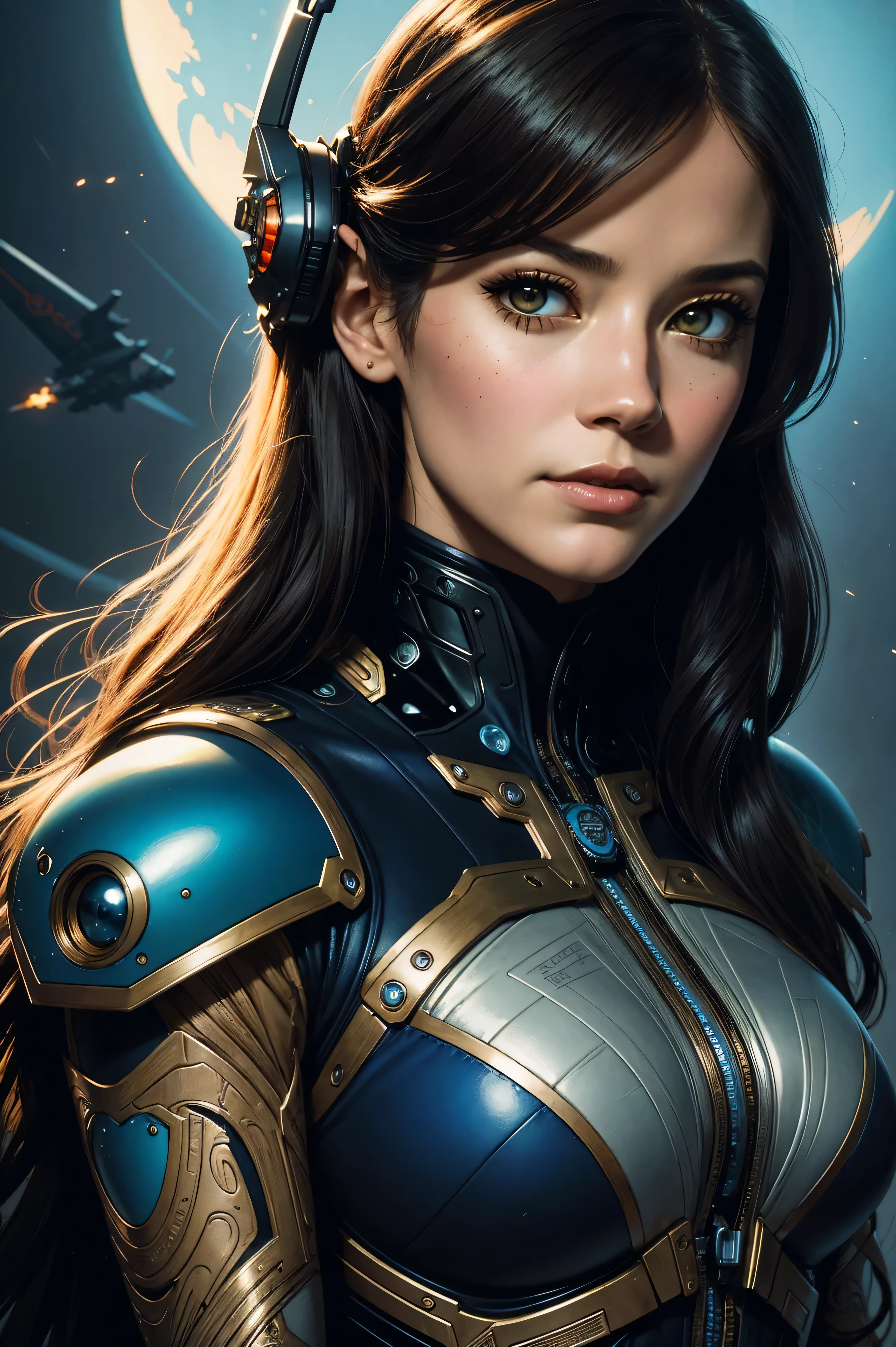 Face portrait of an elegant sexy pilot Lyndsy Fonseca, cyborg aircraft parts, an ultrafine hyperdetailed colorfull illustration by kim jung gi, moebius, irakli nadar, alphonse mucha, ayami kojima, amano, greg hildebrandt, and mark brooks, female, feminine, art deco, new baroque, intricate linework, colors by frank frazetta