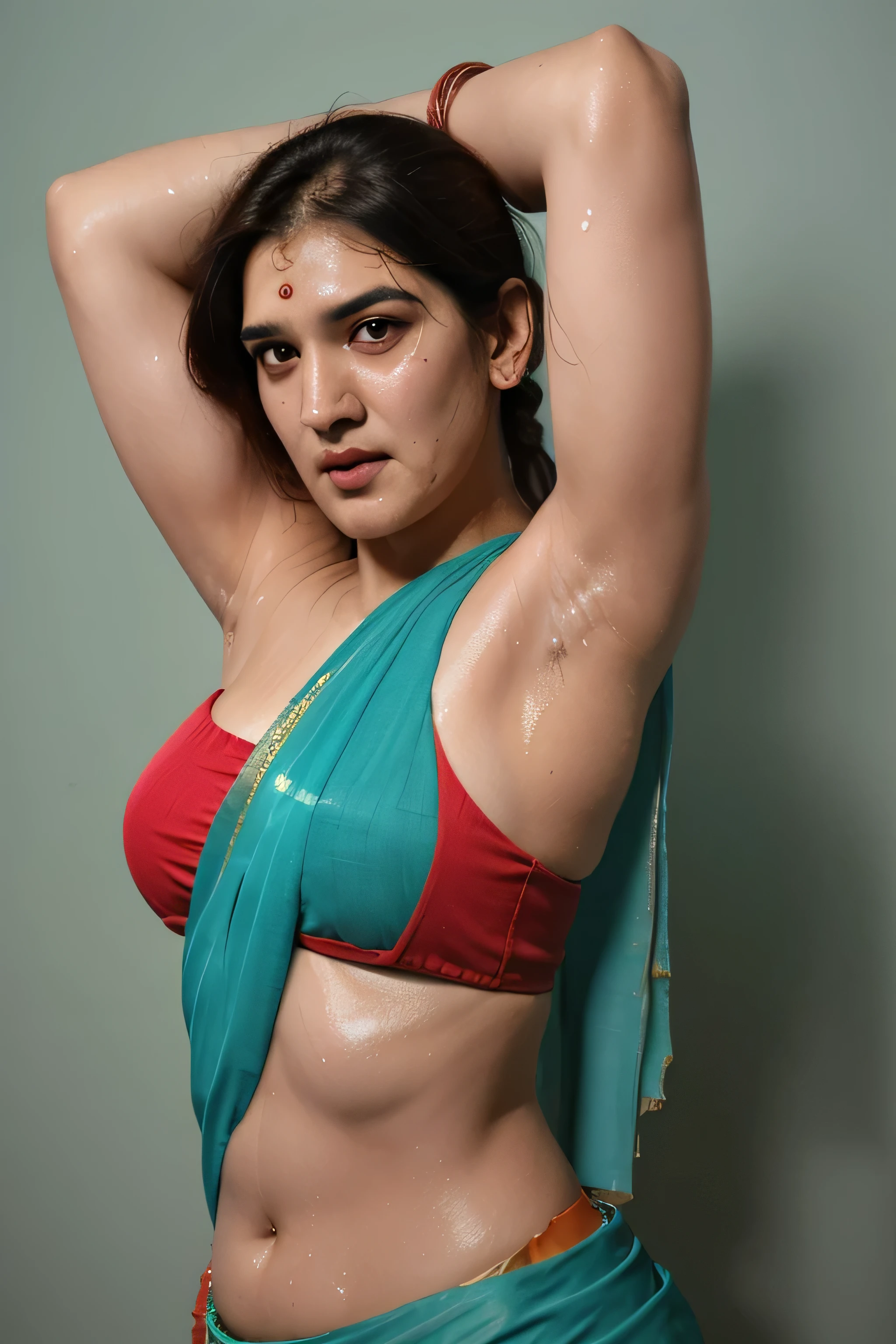 Looks like Kriti Sanon,wearing a sleeveless saree,
,31 year old woman,slightly chubby ,studio quality ,arms up,armpits, armpits,sweat,sweaty,sweaty armpits,awesome armpits,sweating ,sleeveless,exhausted,tired, turquoise blouse, green outfit,wearing arm bands,arms raised,very tired,sweating,arms raised,both arms raised,sweaty,blue arm warmers,red arm bands
