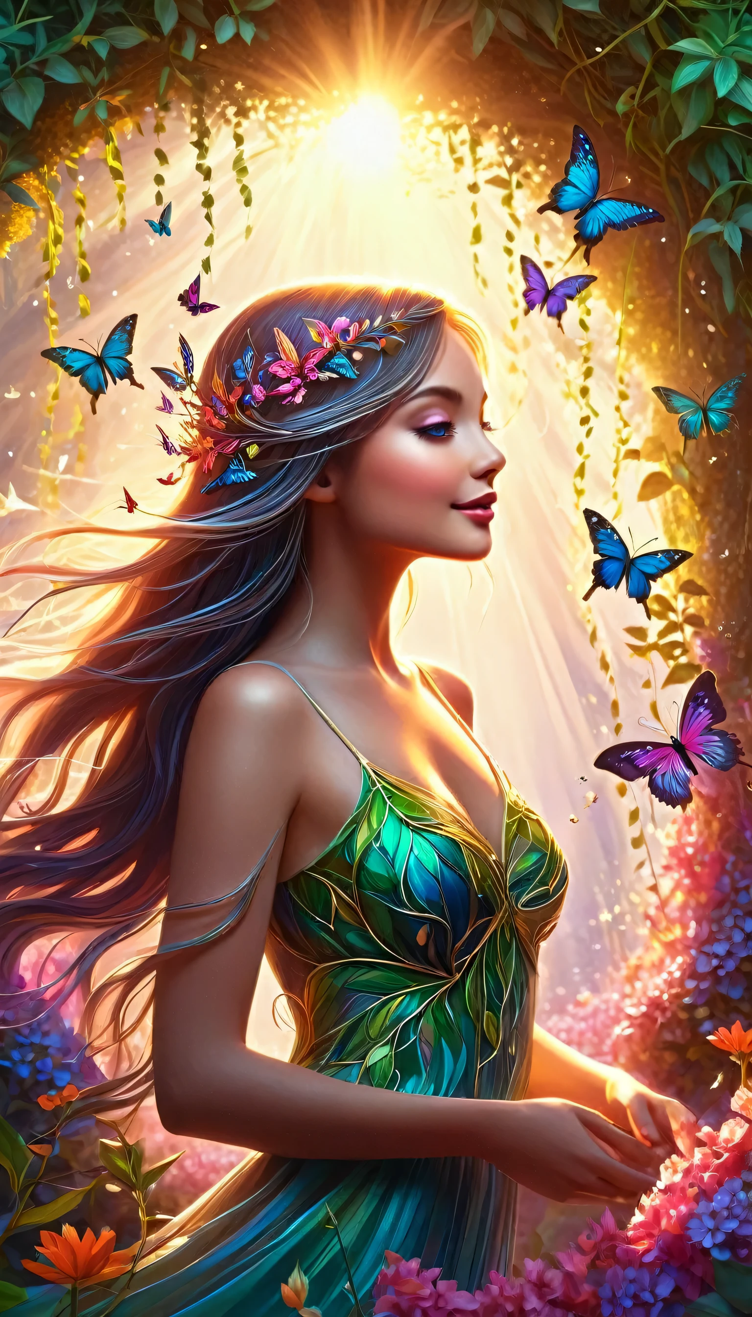 In a magical world, a plant girl with glowing vines and flowers, delicately created skin and ethereal beauty emerges. She is surrounded by vibrant and enchanted foliage, with colorful petals seemingly dancing in the wind. Her eyes sparkle with a hint of mystery, reflecting the wonders of her mystical world. Her lips, adorned with a natural rosy hue, exude a gentle and captivating smile. The delicate details of her eyes and face highlight her otherworldly allure. 

The medium used to depict this enchanting scene is a mesmerizing fusion of digital illustration and surrealism. The rich textures and intricate patterns of the plants and flowers create a dreamlike and ethereal atmosphere. The vibrant colors and soft lighting enhance the magical ambiance, giving the artwork a sense of depth and vibrancy.

The additional details of this artwork include the girl's flowing leafy hair, which gracefully extends and blends with the surrounding botanical wonders. The intricate details on her dress showcase the harmony between nature and her mystical essence, with delicate vines and petals intricately intertwined. Butterflies and hummingbirds flutter around her, adding a touch of whimsy and life to the scene.

In terms of image quality, this artwork is of the best quality, with high resolution (4k or 8k) and ultra-detailed rendering. The colors are vivid and vibrant, creating a visually stunning masterpiece. The overall style of the artwork is a blend of fantastical realism and magical surrealism, capturing the imagination and transporting viewers to a world of wonder and awe.

The color palette of this artwork leans towards a warm and vibrant spectrum, with a focus on rich greens, vibrant pinks, and deep purples. The lighting is soft and enchanting, casting gentle rays of sunlight through the foliage, creating a play of light and shadow that adds depth and dimension to the scene.

Overall, this artwork depicts a mesmerizing scene of a plant girl in a magical world, surrounded by