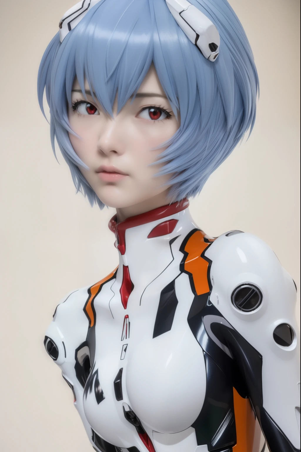 ( (8k:1.27), highest quality, masterpiece, Ultra-high resolution:1.2) Japanese women photos (beautiful:1.2), realistic, Realistic portrait, Upper body photo, One Woman, Looking right to the side, 
Live-action Evangelion, Rei Ayanami, Rei Ayanami, 
Real skin, Accurate anatomical structure, short hair, Blue Hair, Red eyes, Red Eyes, Shoulder width is normal, Sloping shoulders, There&#39;s a 00 written on his chest., small breast, 
Evangelion headset, Plug Suit, シンプルなデザインのPlug Suit, Tight fitting bodysuit,