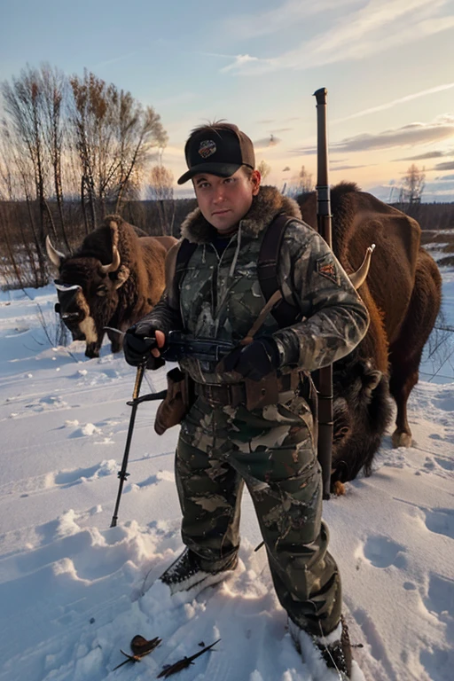 ((male hunter)), ((bison hunting)), ((rifle)), ((nordic features))
