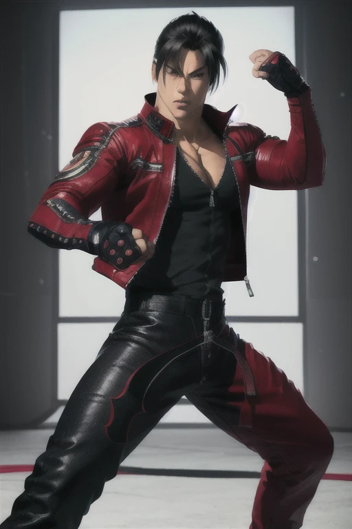 male focus, jin kazama, jacket, zipper, fighting stance, pants, fingerless gloves, shirt, boots, upper body
masterpiece, best quality, absurdres,