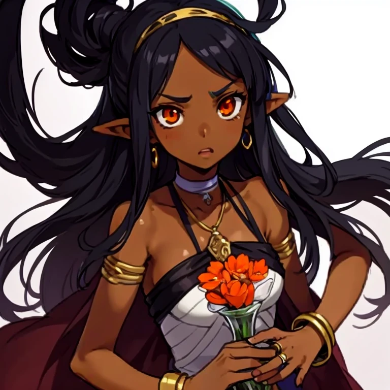 Masterpiece, best quality, expressive eyes, perfect face, 1girl, solo, dark skin, jewelry, pointy ears, dark-skinned female, bracelet, bandages, flat chest, vase, street background, rings, orange eyes, upper_body