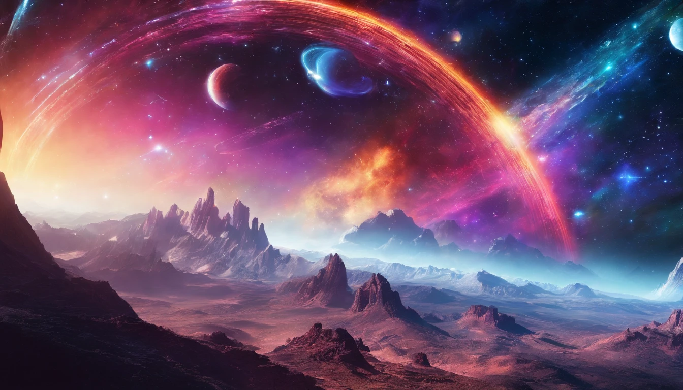 Fantastic landscape on a foreign planet., un arco iris brillante y planetas con anillos en el cielo