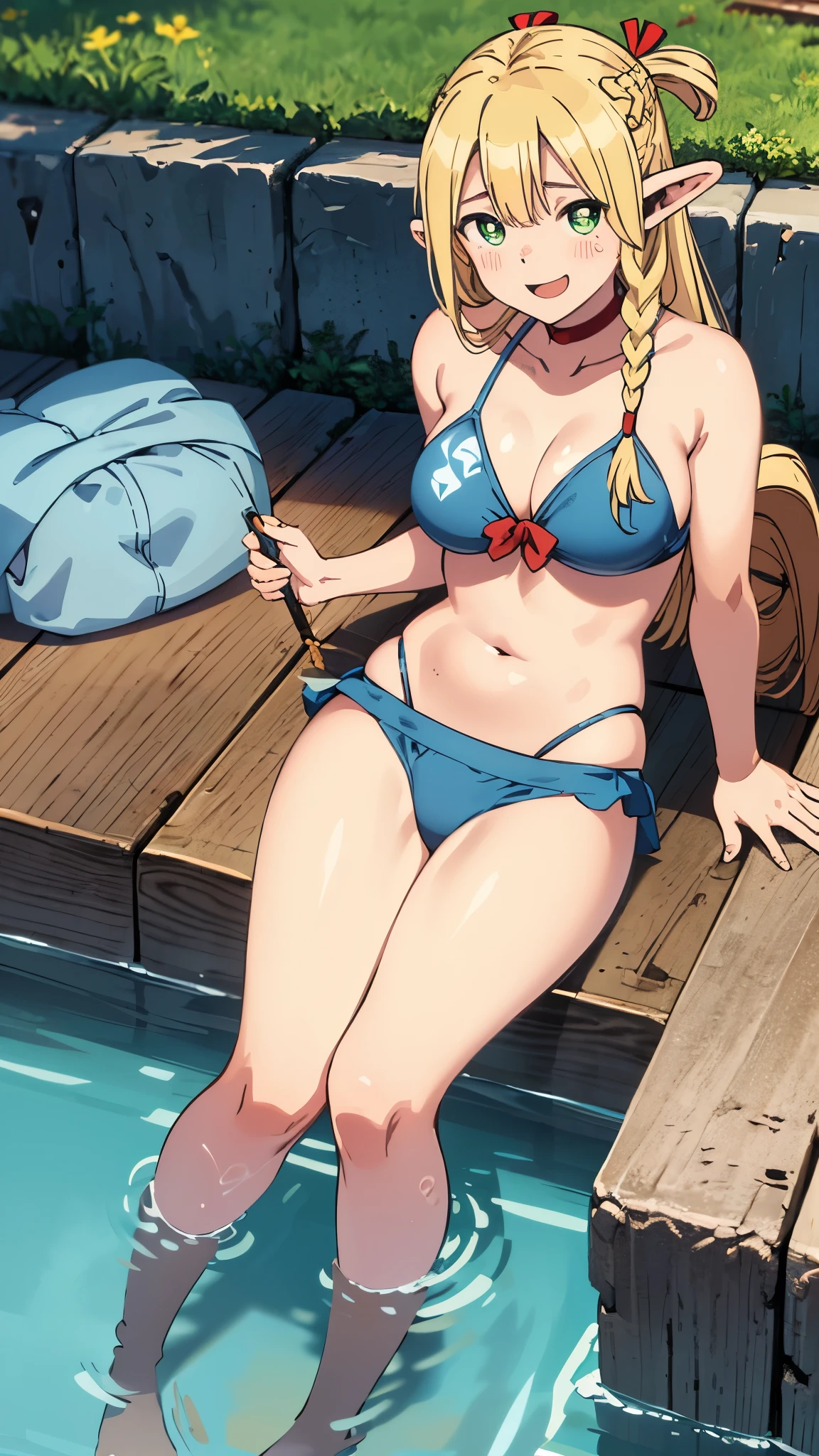 solo, happy face expression, shy expression, smiling, (wearing swiming bikini:1.35), comics,fantasia,marvel e DC, onsen, hot springs, winter background, water, pound, pool, dungeon background, dmeshimarcil, choker, belt, capele