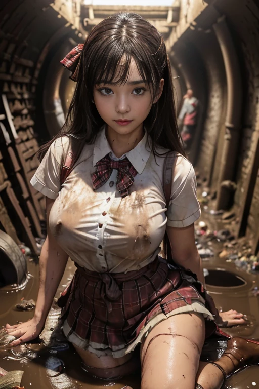 waistband of skirt is at the point above chest , school girl big breast , red knot , red bow , skirt dark red , plaid skirt , pleated skirt , dirty white Shirt , realisitic、top-quality、crisp photos、((Brick underground tunnel、Foul-smelling sewer、Littered with filth、Sewage channels full of feces、a lot of garbage and junk、The dirtiest sewer))、Bricks are covered with moss、((beautiful a girl、Constricted waist、Neat face、Most beautiful face、Elaborate face、dense dirty brown hair、Refreshing look、Pleasant look、Happy expression、Joy covered in filth、Glad to get dirty))、(dirty school girl uniform、Tangier、brawn hair)、Lying face down on filth、Girl with beautiful ass、Scoop out filth with both hands、Beautiful girl's hair is covered in mud、The joy of lying in dirty sewage))、(((I want to smear filth all over my body.、A large amount of sewage flows down the head、The whole body is full of filth、Stick out your buttocks and open your legs、a large amount of dirty garbage and waste,,、Heaps of garbage))