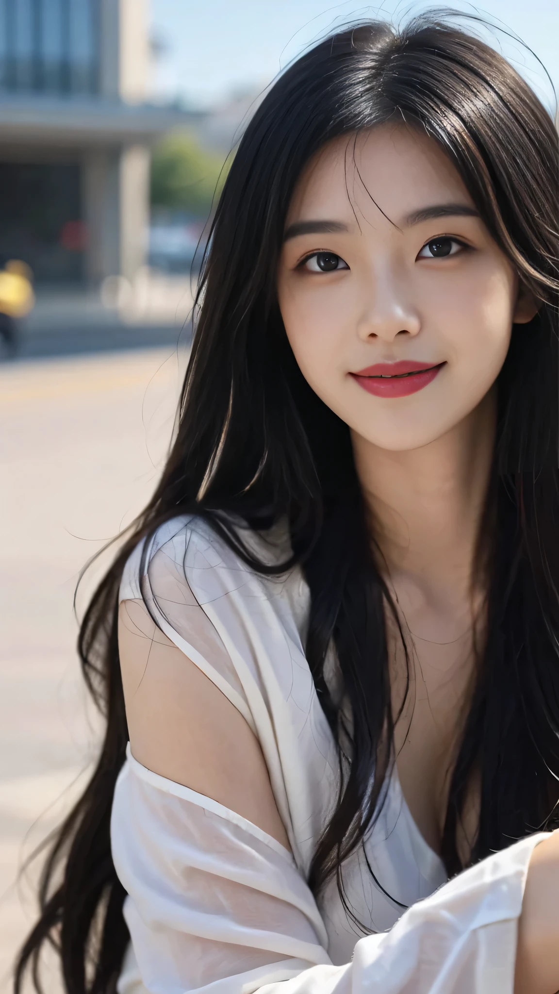 A perfect young female, Chinese,High picture quality,Black hair,Long hair flowing over the shoulders,Blured background, Real Human, CG rendering,16k,depth of field, bokeh, Ray tracing, smiles, Close-up shot
