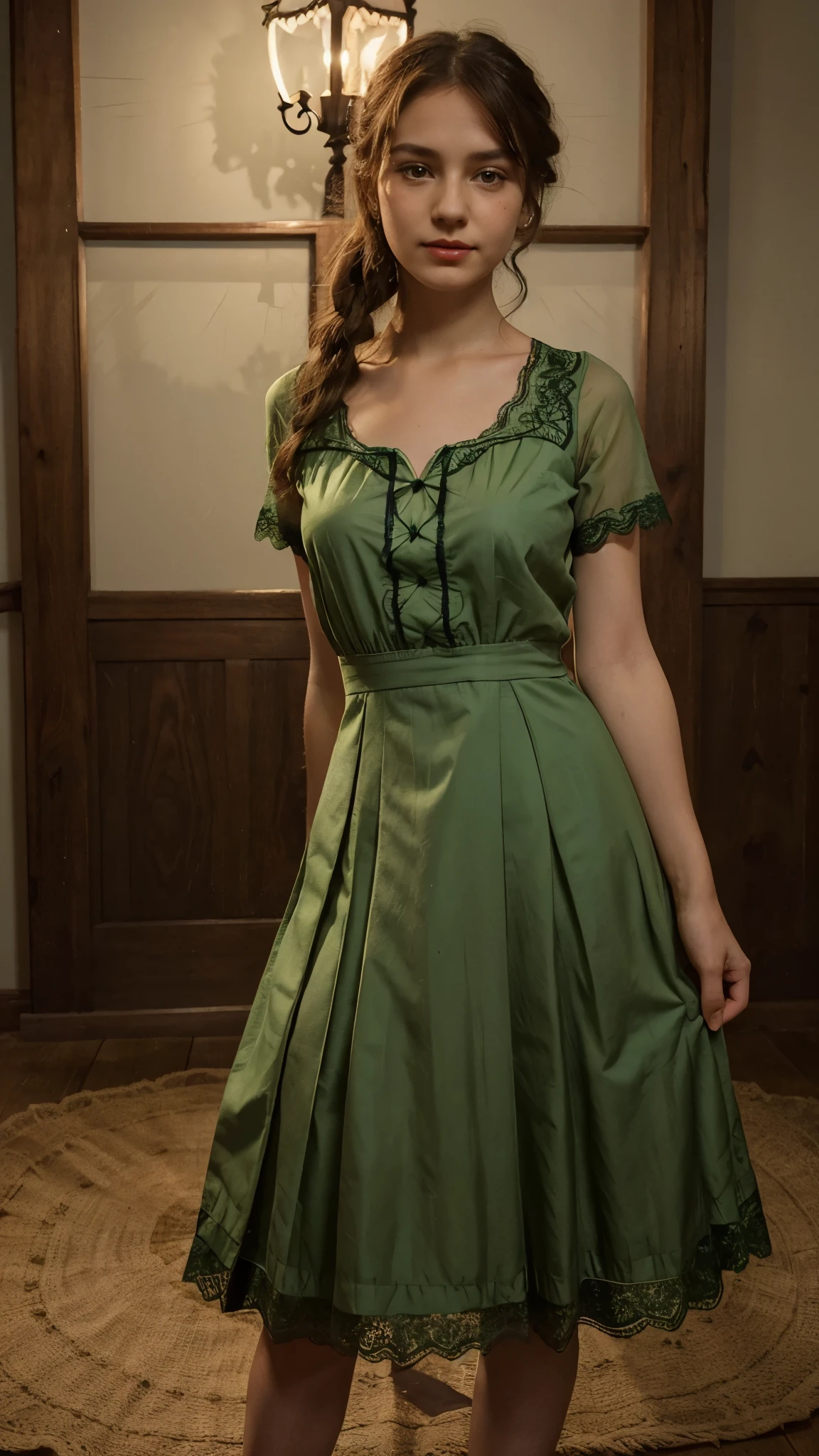 (simple style), green dress, Butterfly heart, pleated lace, Edwardian lace dress. add skin blemishes, acnes, spots beautifully, little smils, red lips, night time, super cute and gorgeous,
