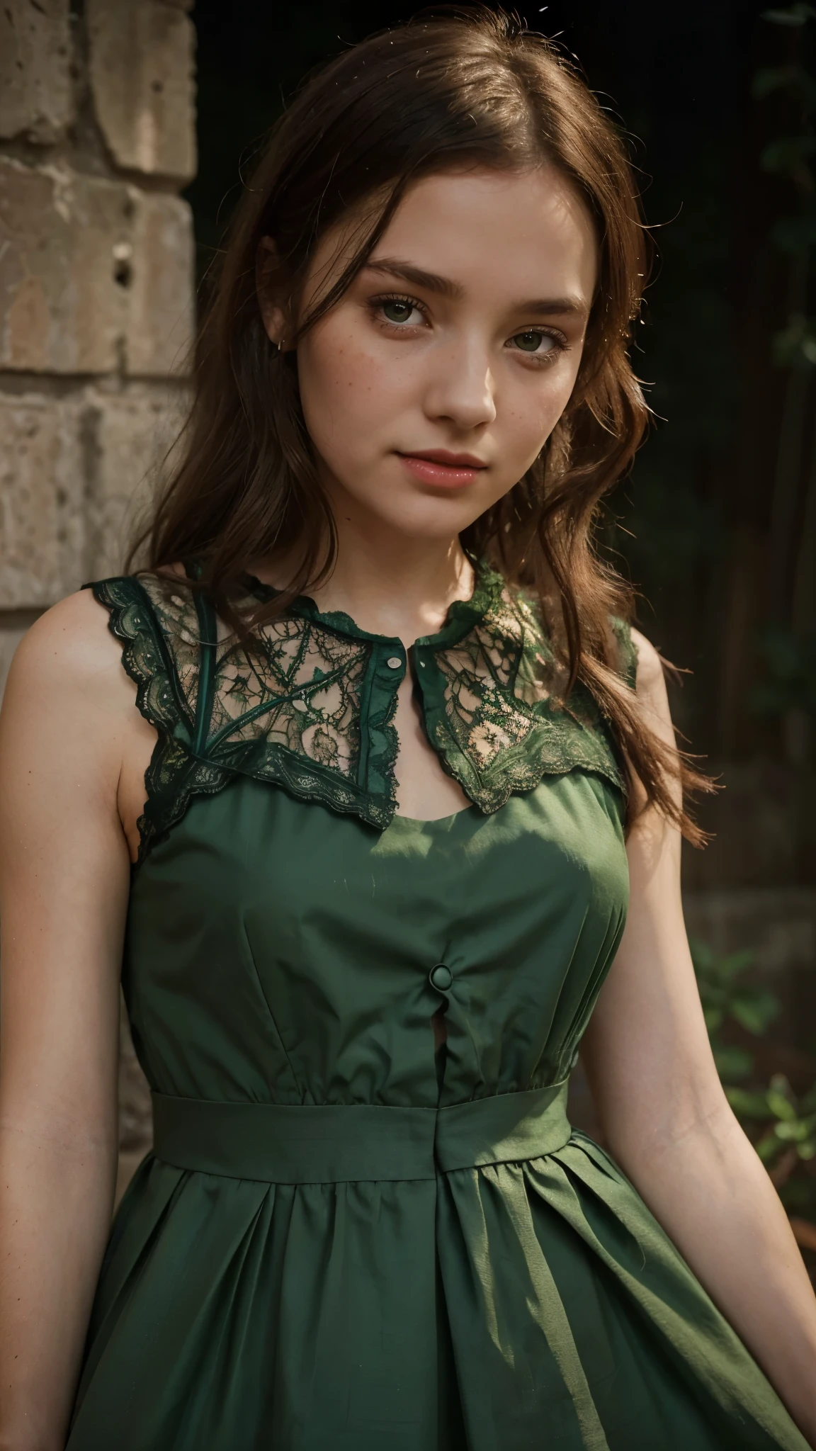  (simple style), green dress, Butterfly heart, pleated lace, Edwardian lace dress. add skin blemishes, acnes, spots beautifully, little smils, red lips, night time, super cute and gorgeous, 