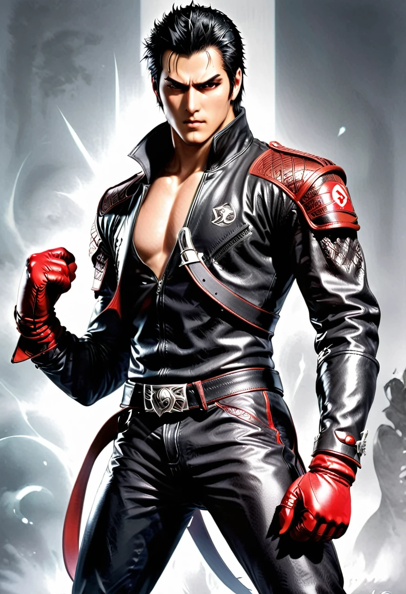 a close up of a person in a leather outfit with a red glove, as a character in tekken, character from king of fighters, tekken 7, fighting game character, tekken, tsurumaki kazuya, dante from devil may cry, dante from devil may cry 2 0 0 1, son of sparda, badass pose, albert wesker full body portrait