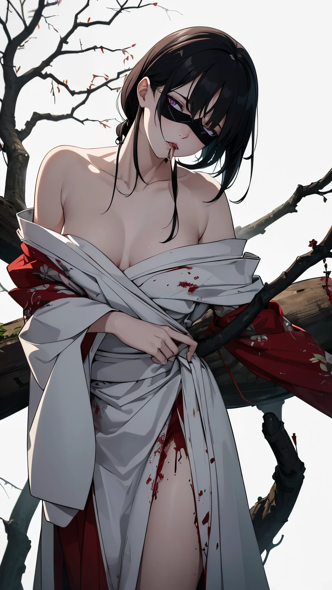 ((8k resolution))、((highest quality))、((masterpiece))、((Very detailed))((((dramatic))), (Anatomically correct)、The depth of the object to write、Looking at the camera、Captivating woman、front、Blindfold、lipstick、Spit sludge from the mouth、hair:green、naganami、Pale skin、Torn Kimono、Bloody、One dead tree、Stay close to the roots、spooky、an  ominous、Grace、(theme、whole body:1.1), White Background