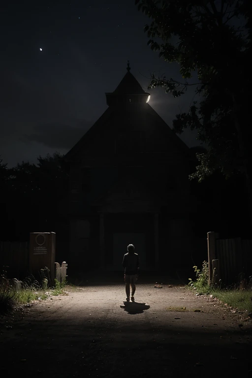 "The Headless boy" - A lone figure stands at the edge of a dimly lit in front of the school main gate
, their silhouette barely visible against the moonlight. The trees loom ominously overhead, their twisted branches reaching out like skeletal fingers. In the distance, a faint glow emanates from an abandoned cabin, hinting at the horrors that lie within. The tagline reads: "Some fears never fade."