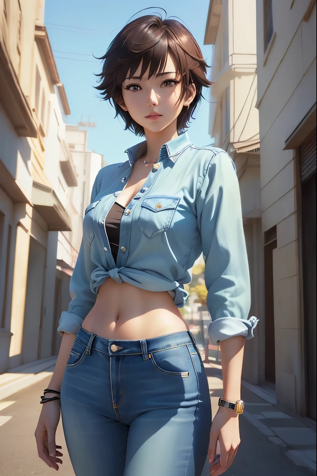 short hair、Anime girl in blue jeans posing for a photo, Smooth anime CG art, Realistic anime 3D style, Shinkai Makoto and artgerm, Shinkai Makoto. Digital Rendering, Realistic anime girl rendering, Realistic anime art style, Anime realism style, Shinkai Makoto art style, Shinkai Makoto. High Detail