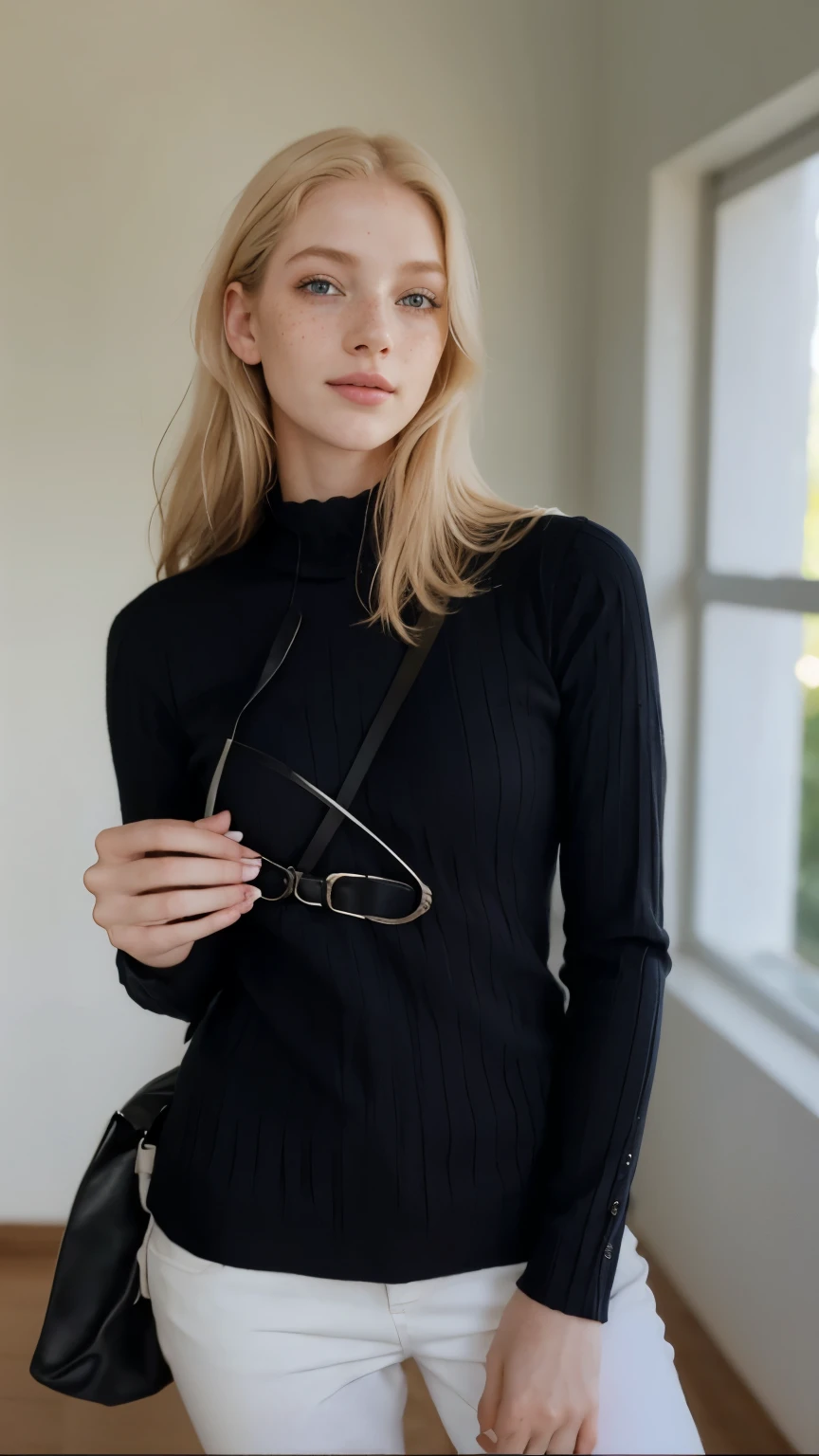 mulher, americana, 25 anos, pale skin and freckles, olhos cinzas, nariz delicado, soft and delicate lips, longo, cabelo blondie longo e ondulado na altura da cintura, sorriso meigo, face with delicate feminine facial features, altamente renderizado