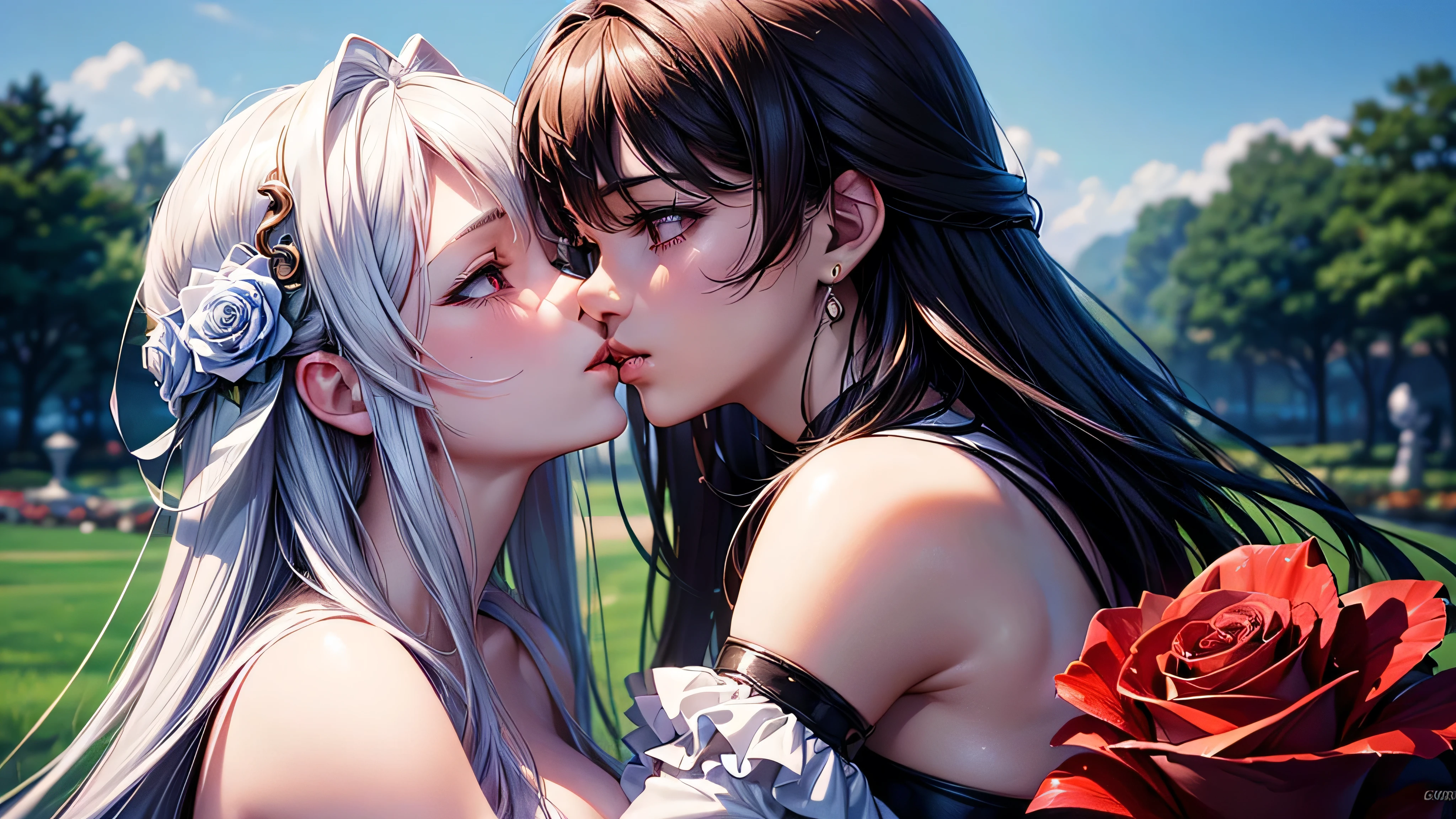 There is a close up of 2 kissing females, they hugging each other and passionaly kissing in the rose garden, (ultra high quality fantasy art, dafk fantasy style, masterpiece, ultra highquality character design, 8k quality anime art, realistic anime art, top quality wallpaper illustration, detailed ultra high quality acurate face, highquality design and acurate physic)