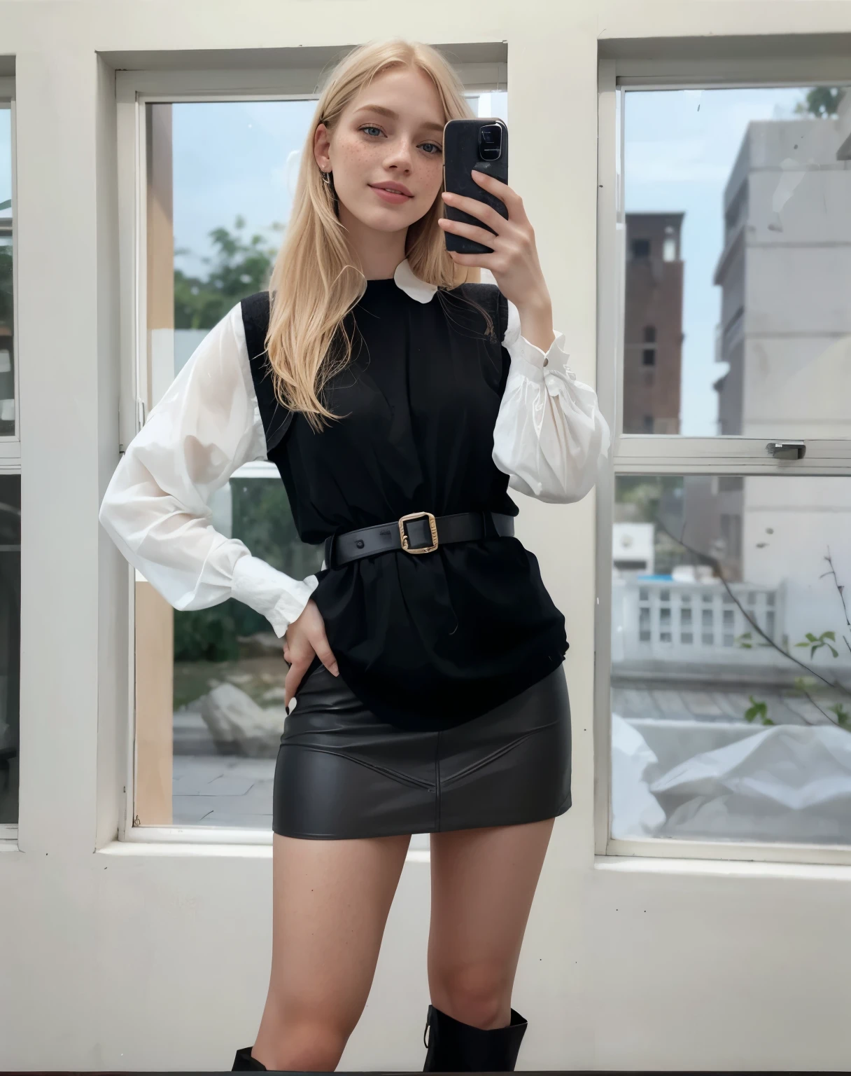 mulher, americana, 25 anos, pale skin and freckles, olhos cinzas, nariz delicado, soft and delicate lips, longo, cabelo blondie longo e ondulado na altura da cintura, sorriso meigo, face with delicate feminine facial features, altamente renderizado