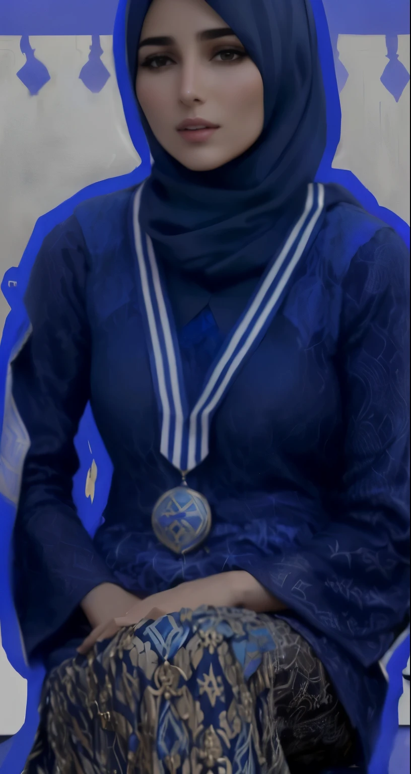 a close up of a woman sitting on a bench wearing a blue hijab, arab ameera al-taweel, wearing many medallions, 2. smoking, arab ameera al taweel, ameera al-taweel, greek ameera al taweel, inspired by Bouchta El Hayani, large breast