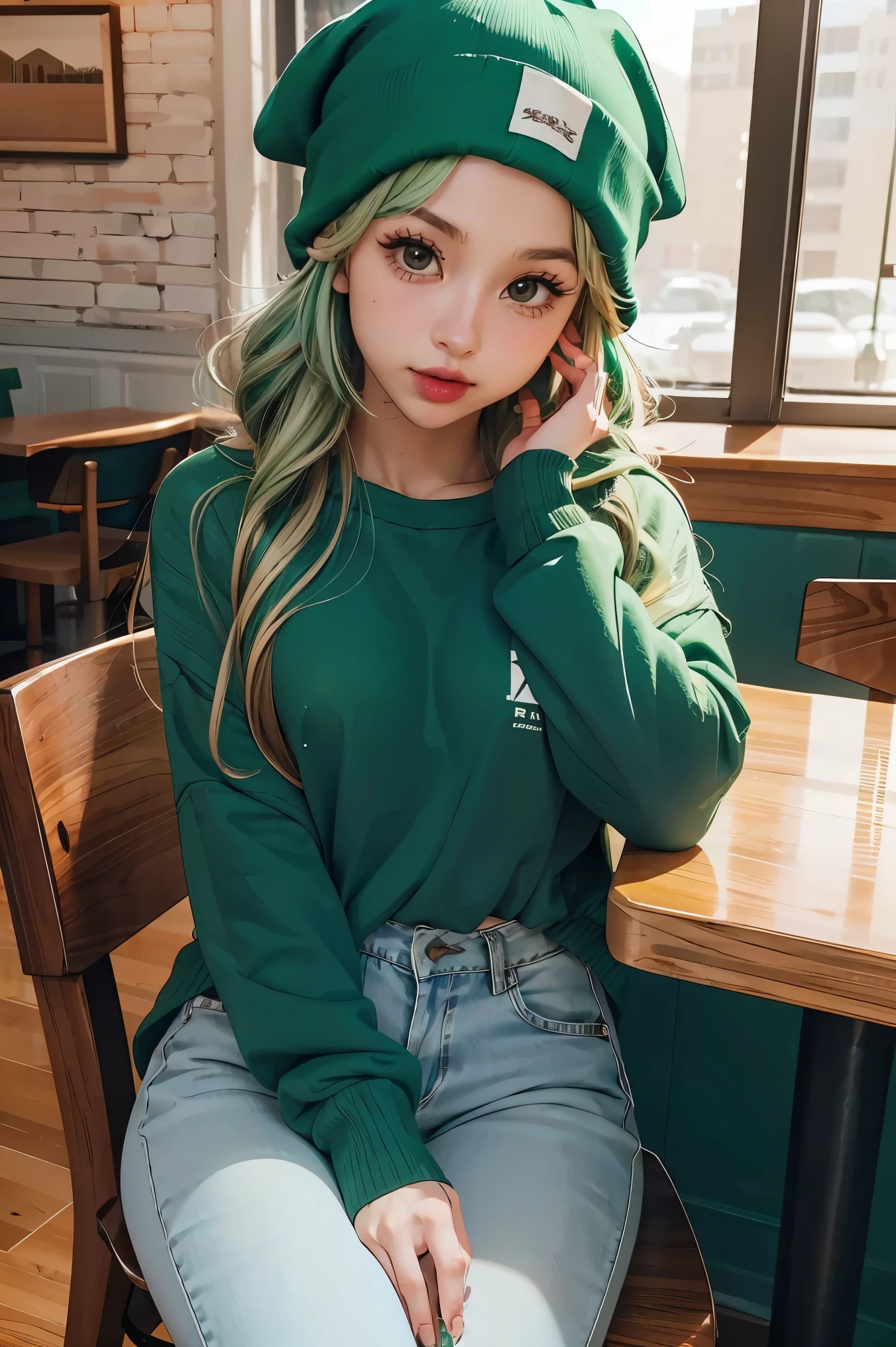 1girl, solo, Coffee shop, green hair, beanie, sweater, jeans, sitting on chair, dynamic pose, indoors,