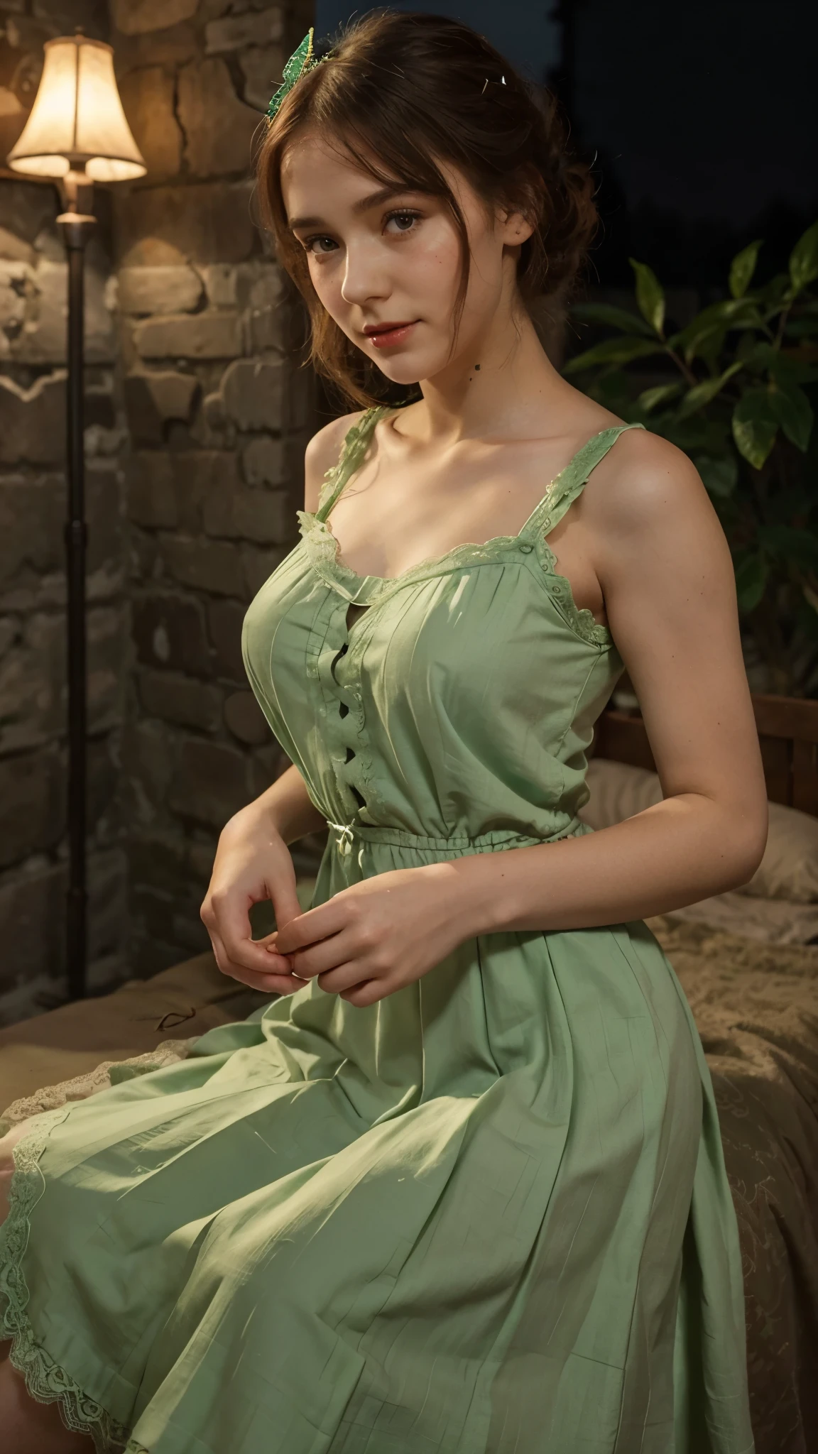 Sophia Lillis, teen, goth makeup, pale skin, long braided hair, sheer green dress, semi naked