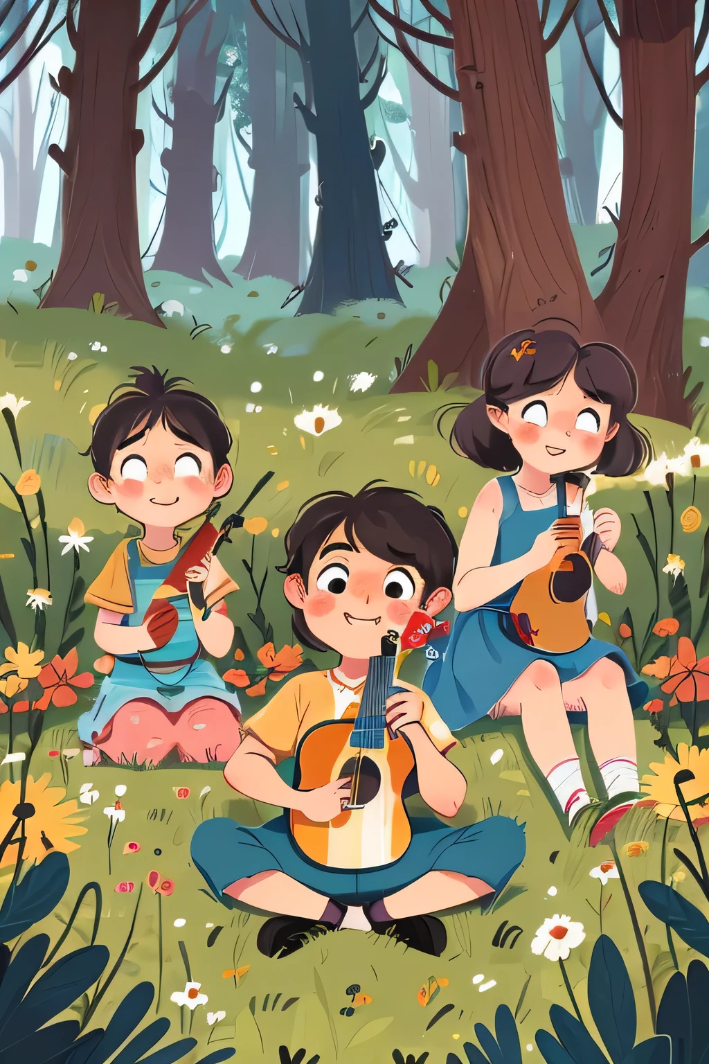 Play ukulele，The kids together，Very happy smile，Sit around，grassland